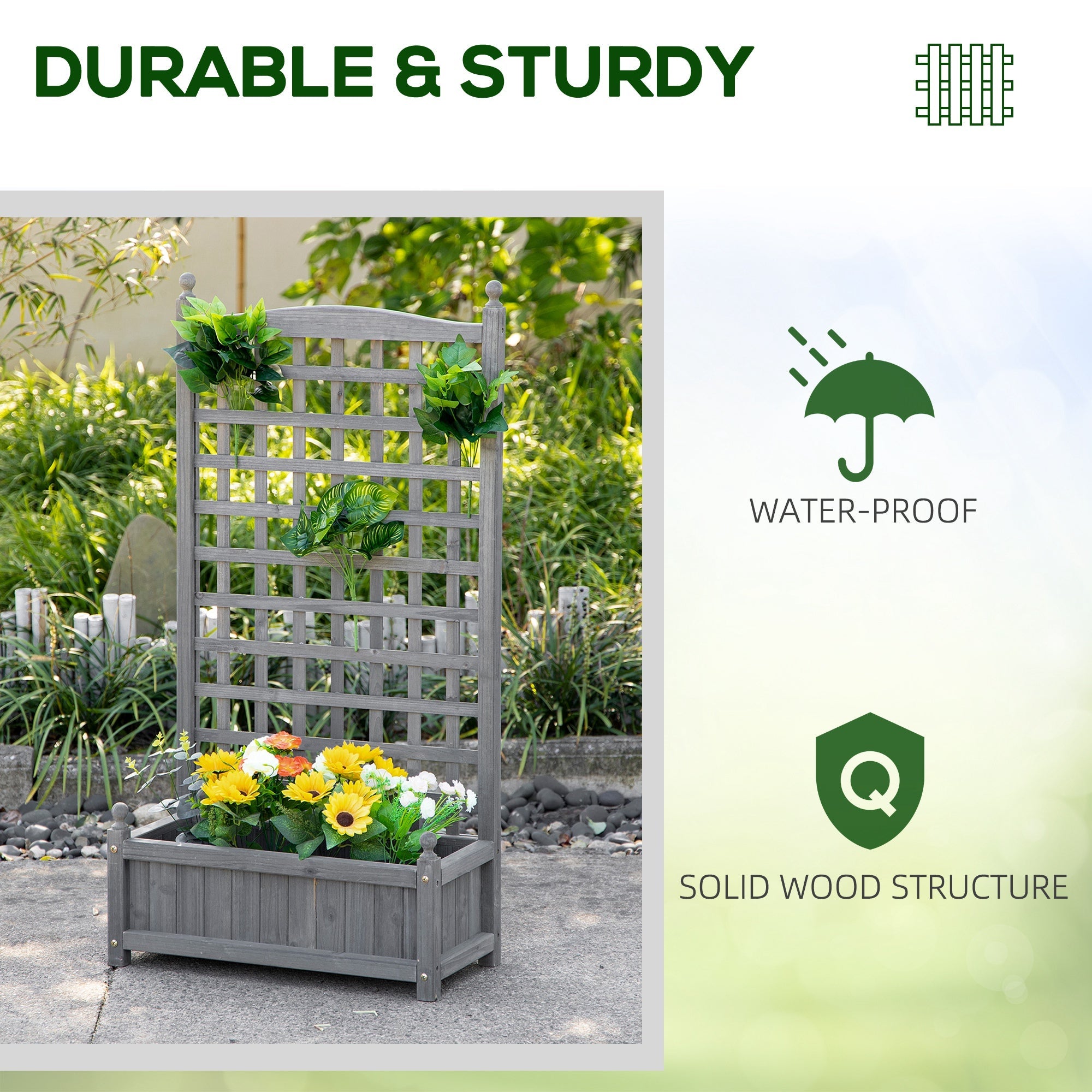 Outsunny Raised Garden Planter Box with Trellis Climbing Vines Free Standing Flower Pot Display Rack Grey