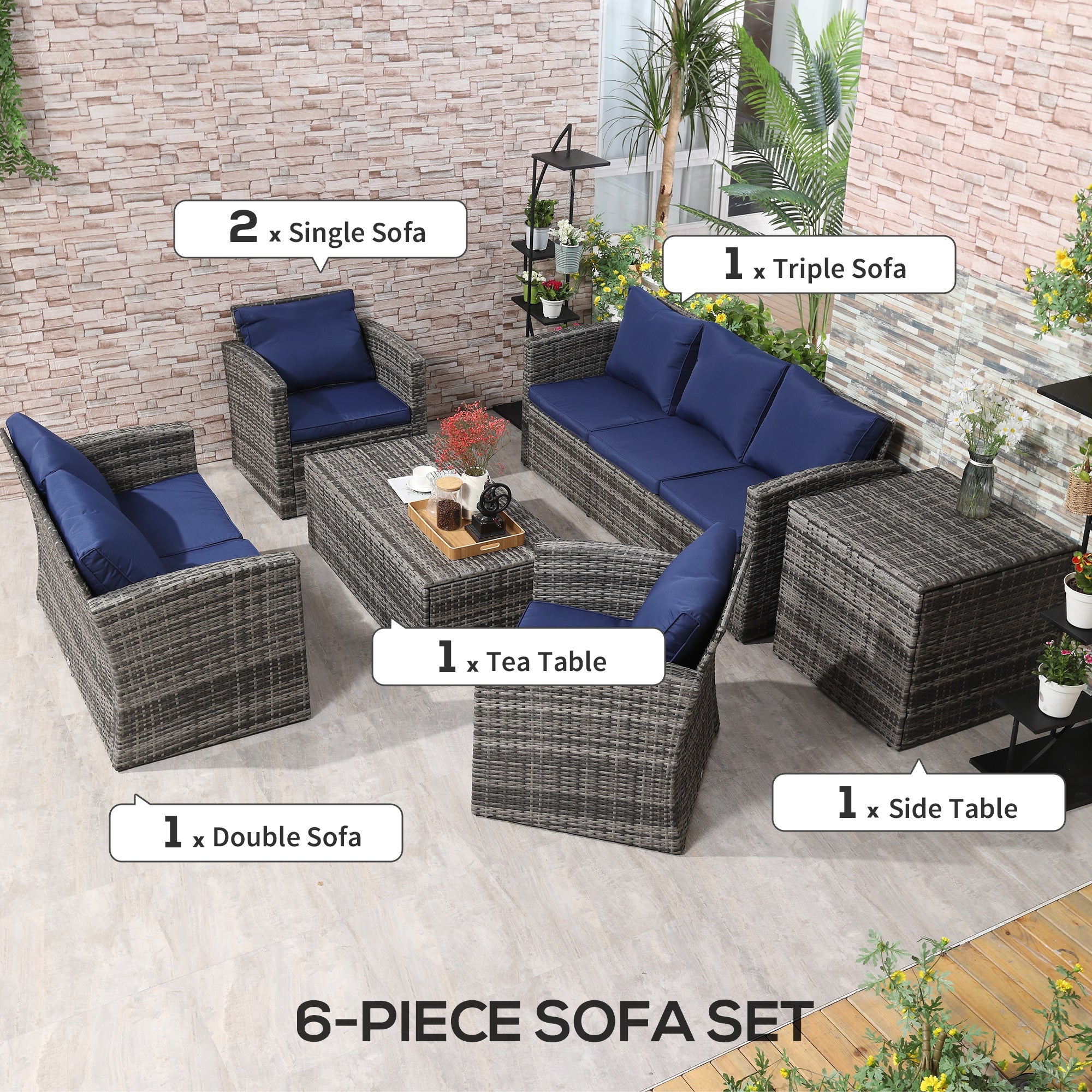 Outsunny 6 Piece Patio Furniture Set, Rattan Wicker Patio Sofa Set Sectional Outdoor Conversation Sofa Set Storage Table & Cushions, Navy Blue