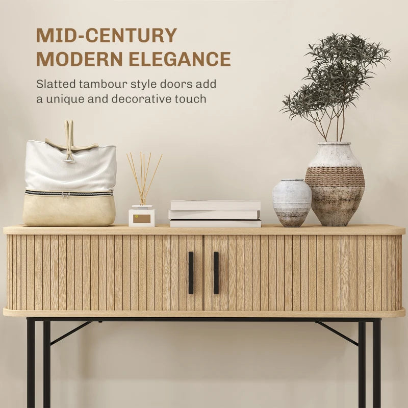Mid-Century Narrow Console Table with Slatted Tambour Sliding Doors, Entryway Table with Steel Legs, Oak and Black