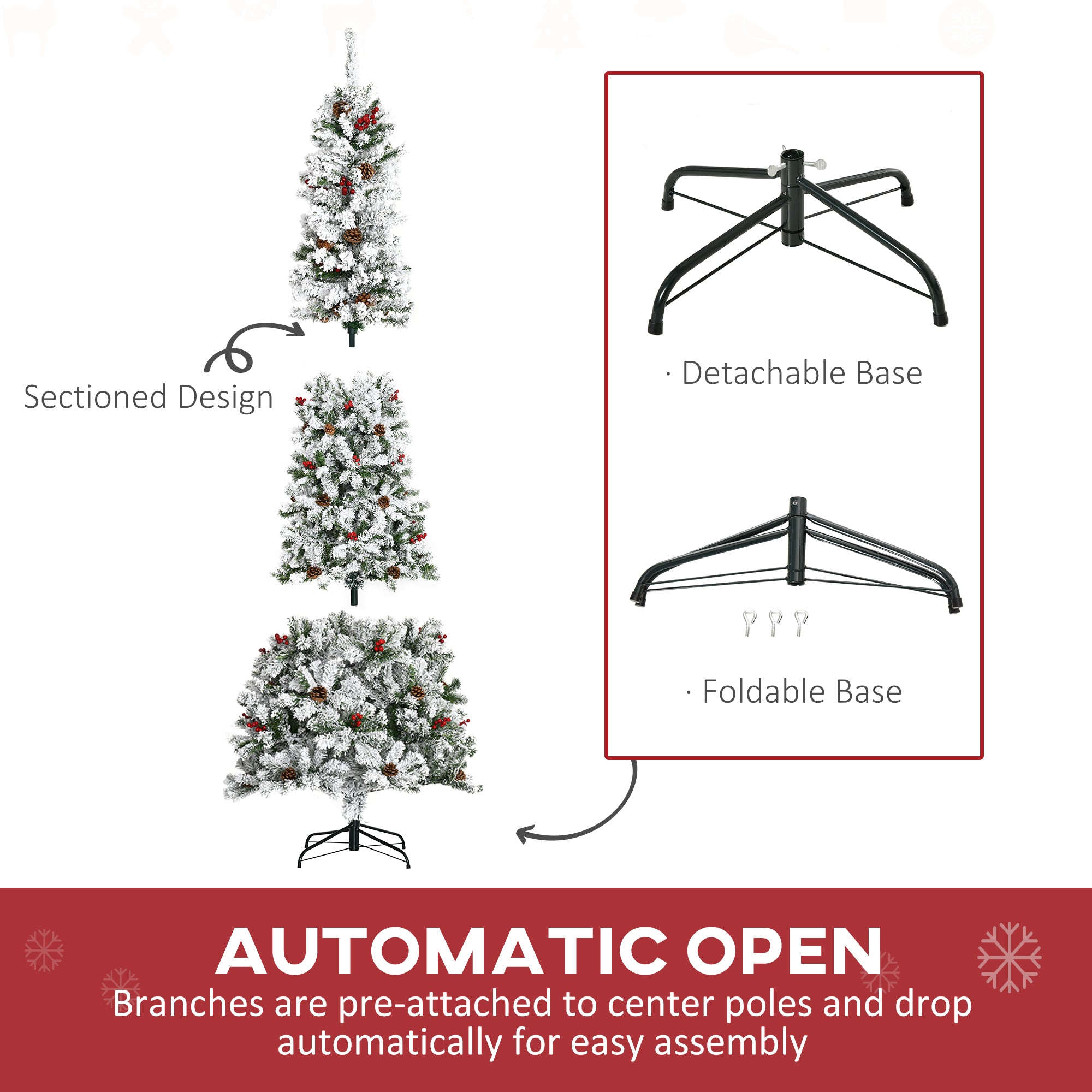 HOMCOM 9 Foot Pencil Snow Flocked Artificial Christmas Tree with 1350 Pine Realistic Branches, Pine Cones, Red Berries, Auto Open