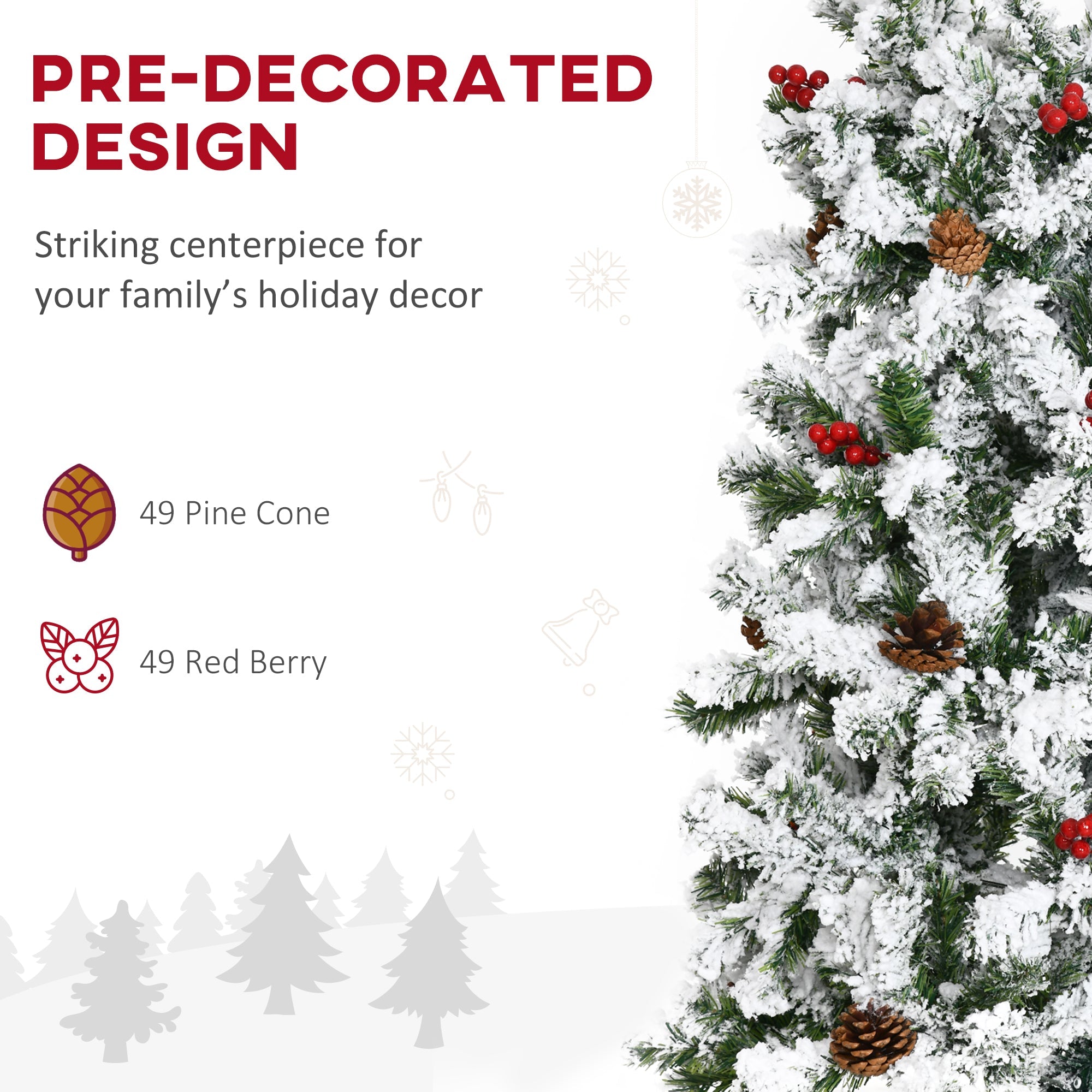 HOMCOM 9 Foot Pencil Snow Flocked Artificial Christmas Tree with 1350 Pine Realistic Branches, Pine Cones, Red Berries, Auto Open