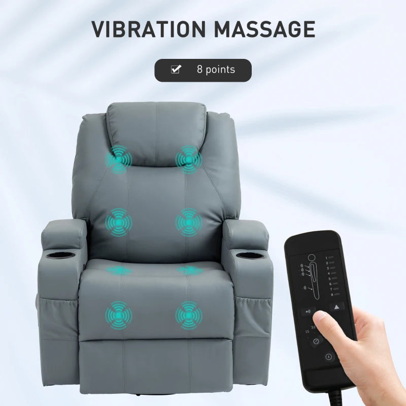 Massage Recliner Chair Leather Swivel Rocker Manual Reclining Chair with 8 Vibration Points, Cup Holders, Light Grey