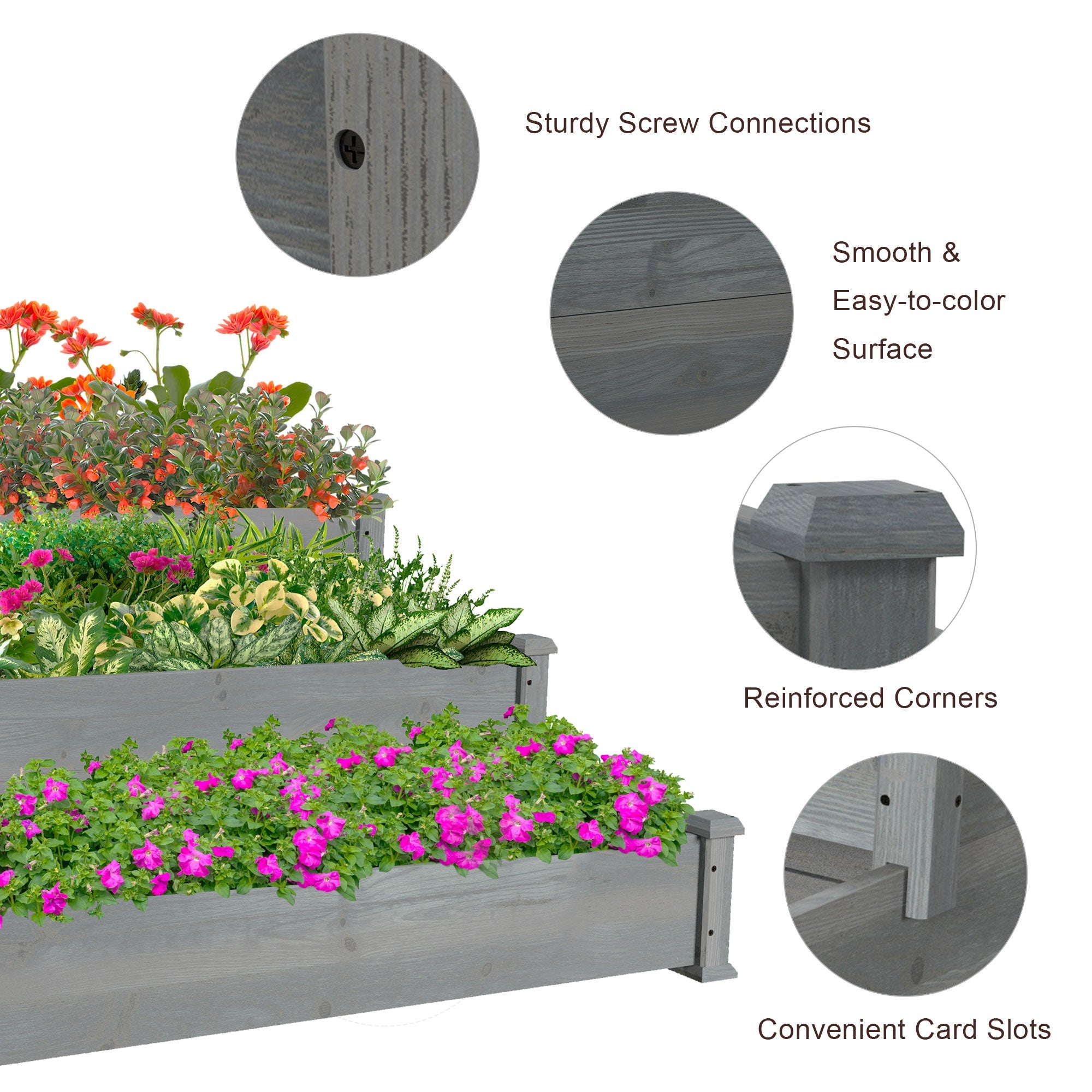 Outsunny 3-Tier Raised Garden Bed 49"x49"x22" Planter Box Backyard Patio Veggies Flowers Herbs Growing Gardening Outdoor Grey