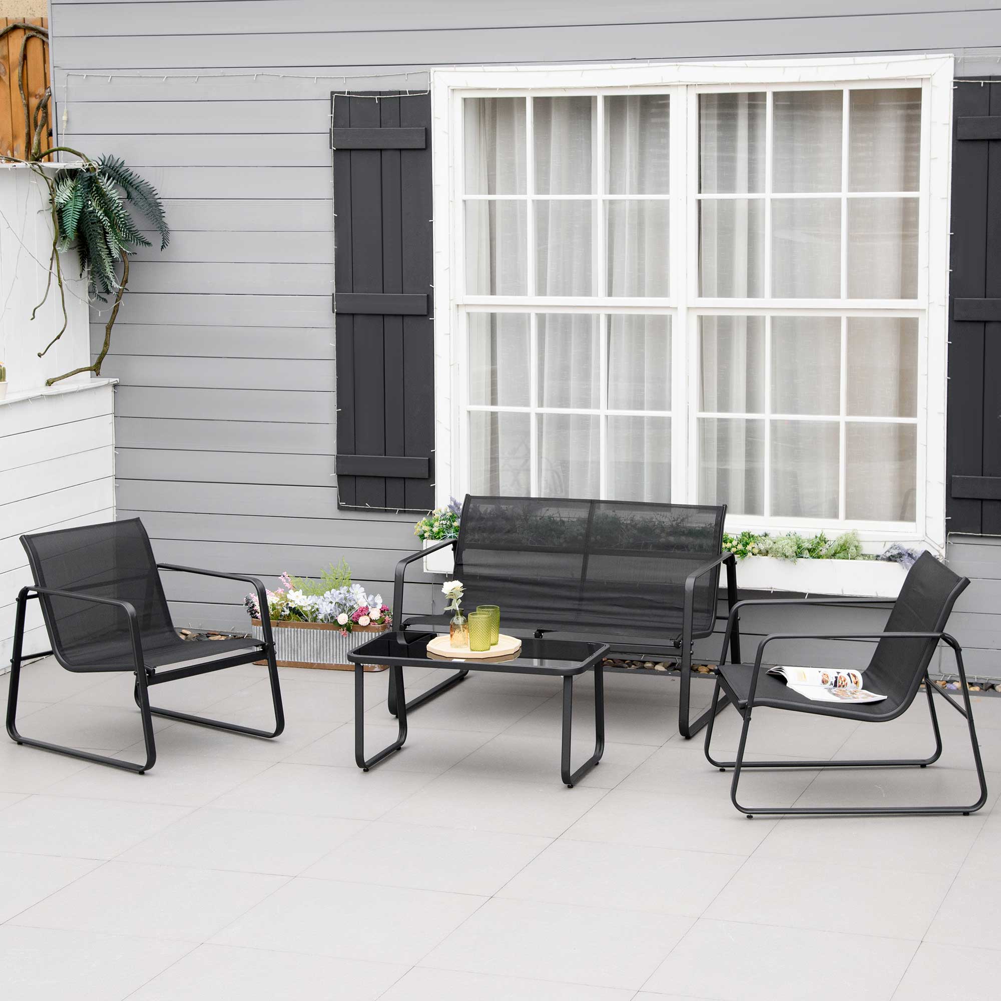 Outsunny 4 PCs Patio Furniture Set with Texteline Seat Outdoor Conversation Set with Loveseat, Center Coffee Table, Black