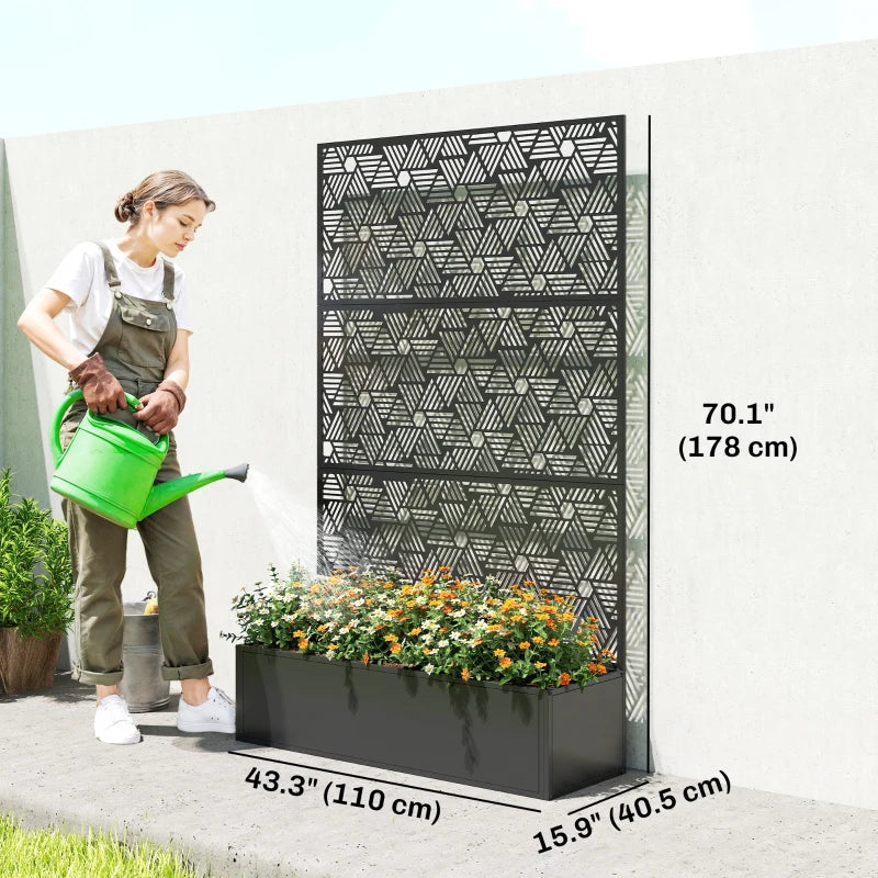 Metal Planter Box with Trellis, 70" Tall Raised Garden Bed with Privacy Screen, Hexagon and Line Cut-Out