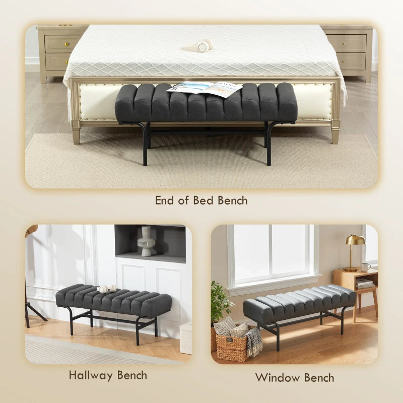 Bedroom Bench PU Leather End of Bed Bench with Cylindrical Seat and Metal Legs for Bedroom Living Room Hallway Black