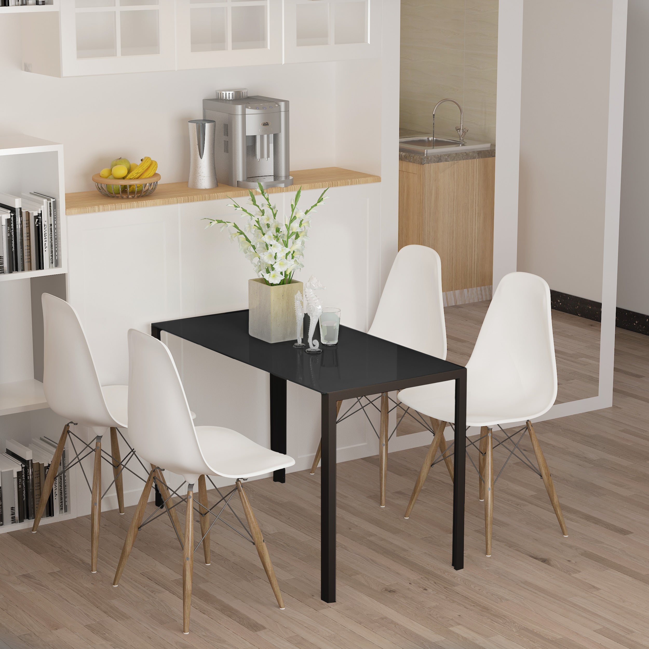 HOMCOM Modern Dining Table for 4 Tempered Glass Top Metal Legs Kitchen Room Furniture Black