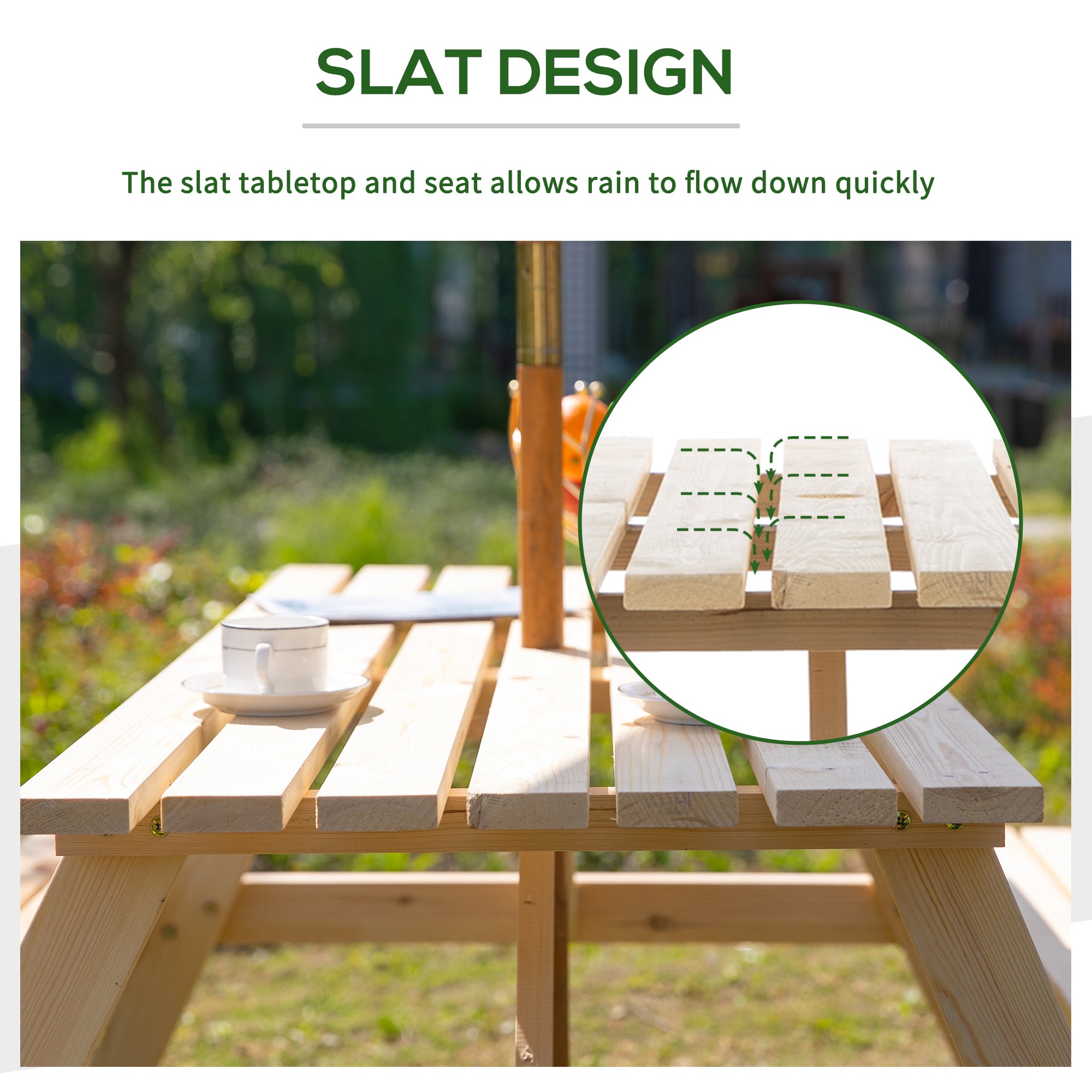 Outsunny Wood Picnic Table, Camping Table and Bench Set with Umbrella Hole for Outdoor, Garden, Patio, Backyard, Natural