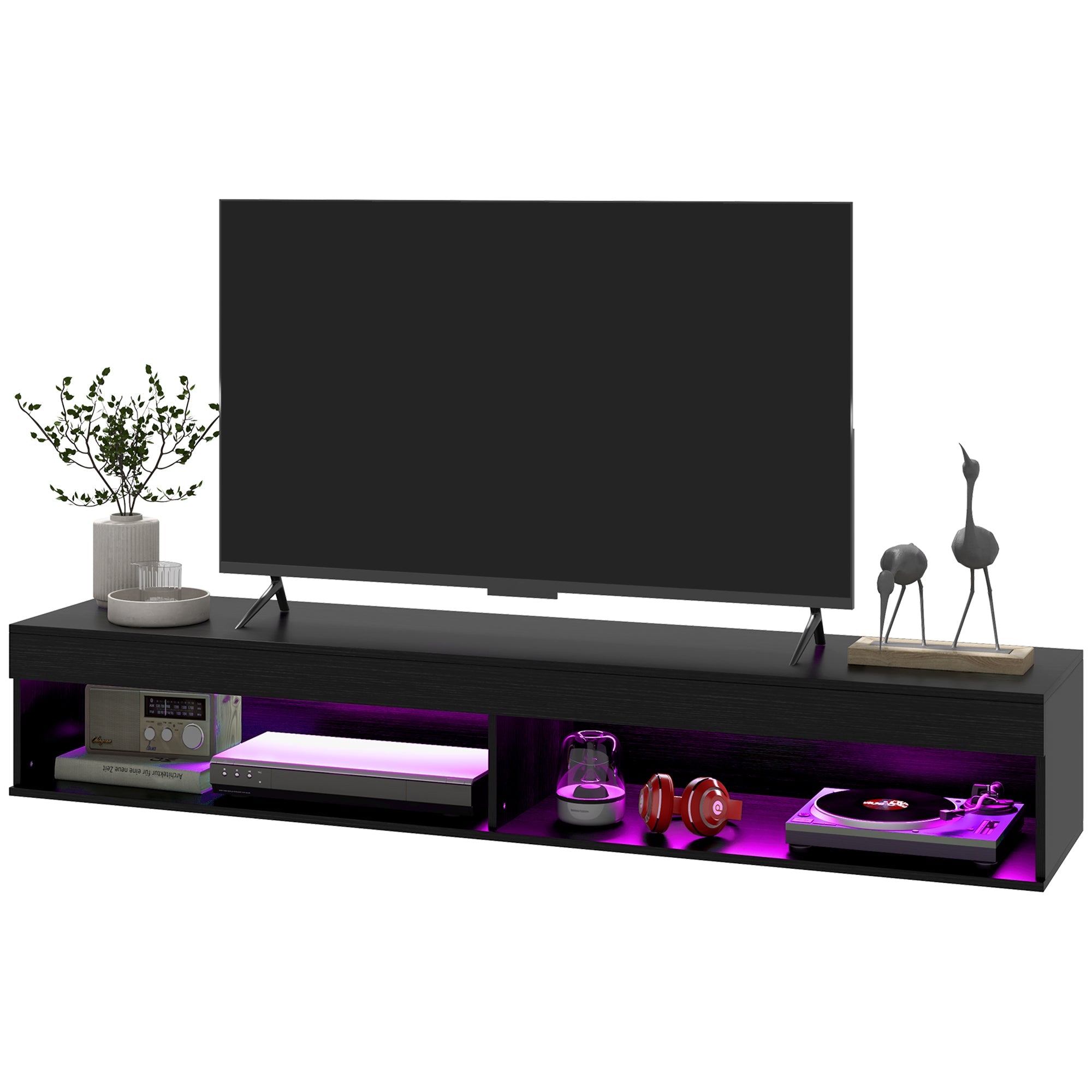 HOMCOM Modern Wall Mounted Floating TV Stand with Storage LED Lights for TVs up to 75" TV Shelf Living Room Black