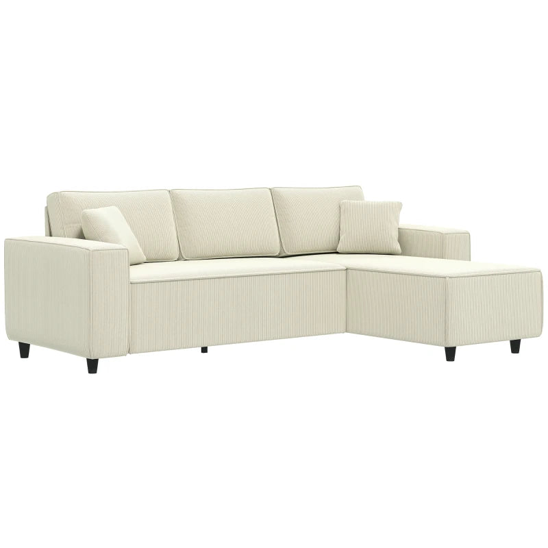 Corner Sofa with Changeable Chaise, Corduroy L-Shaped Sectional Sofa with Pocket Spring, 2 Pillows, Cream White