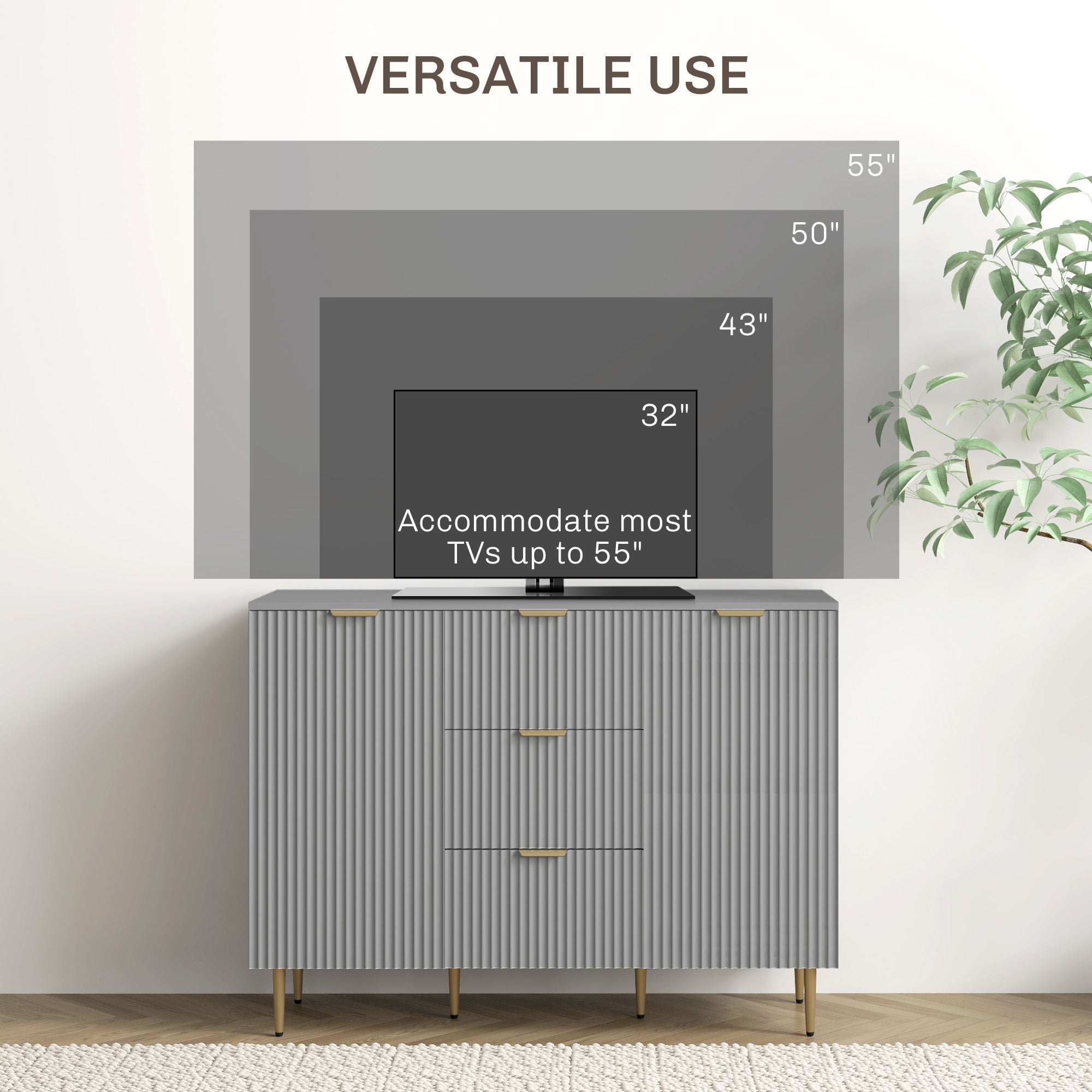 HOMCOM Modern Kitchen Storage Cabinet, Sideboard Buffet Cabinet w/ 3 Drawers and Adjustable Shelves for Kitchen Hallway, Grey