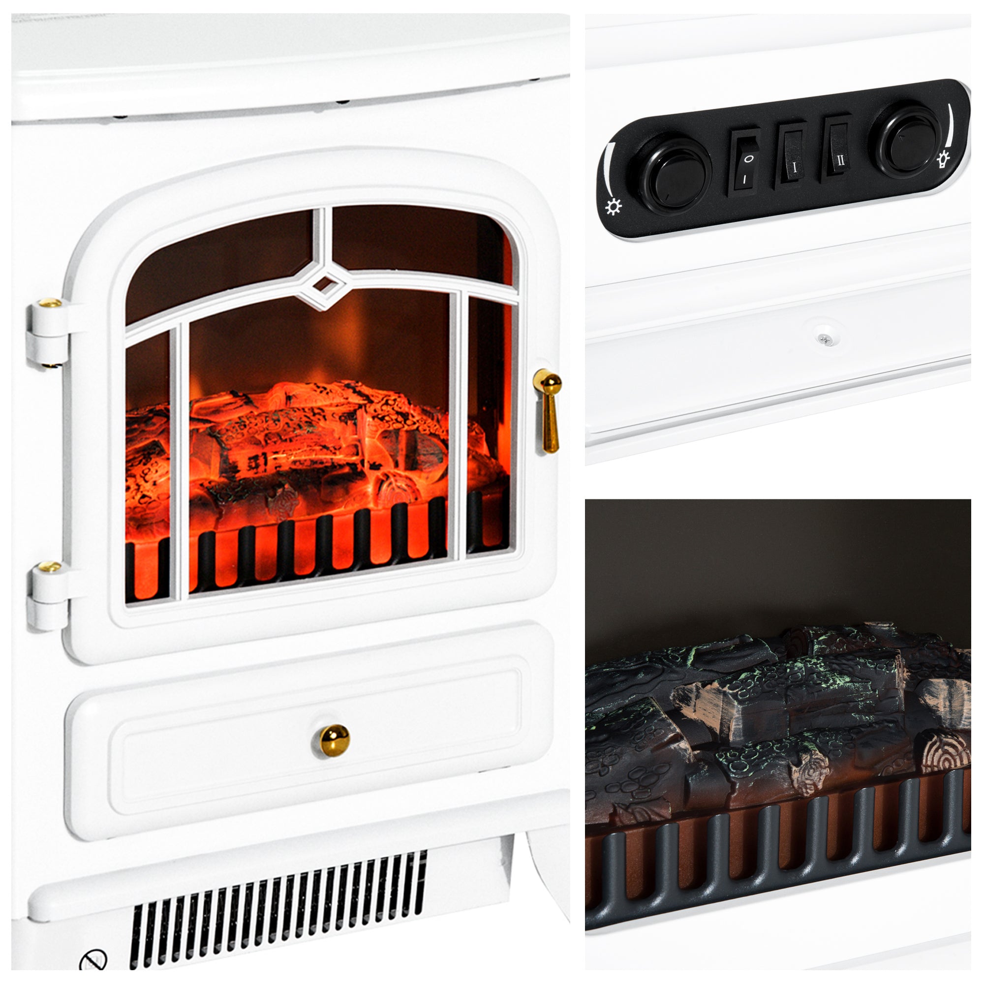 HOMCOM 16" Freestanding Electric Fireplace Heater Fire Stove with Wood Burning Flame 750/1500W White