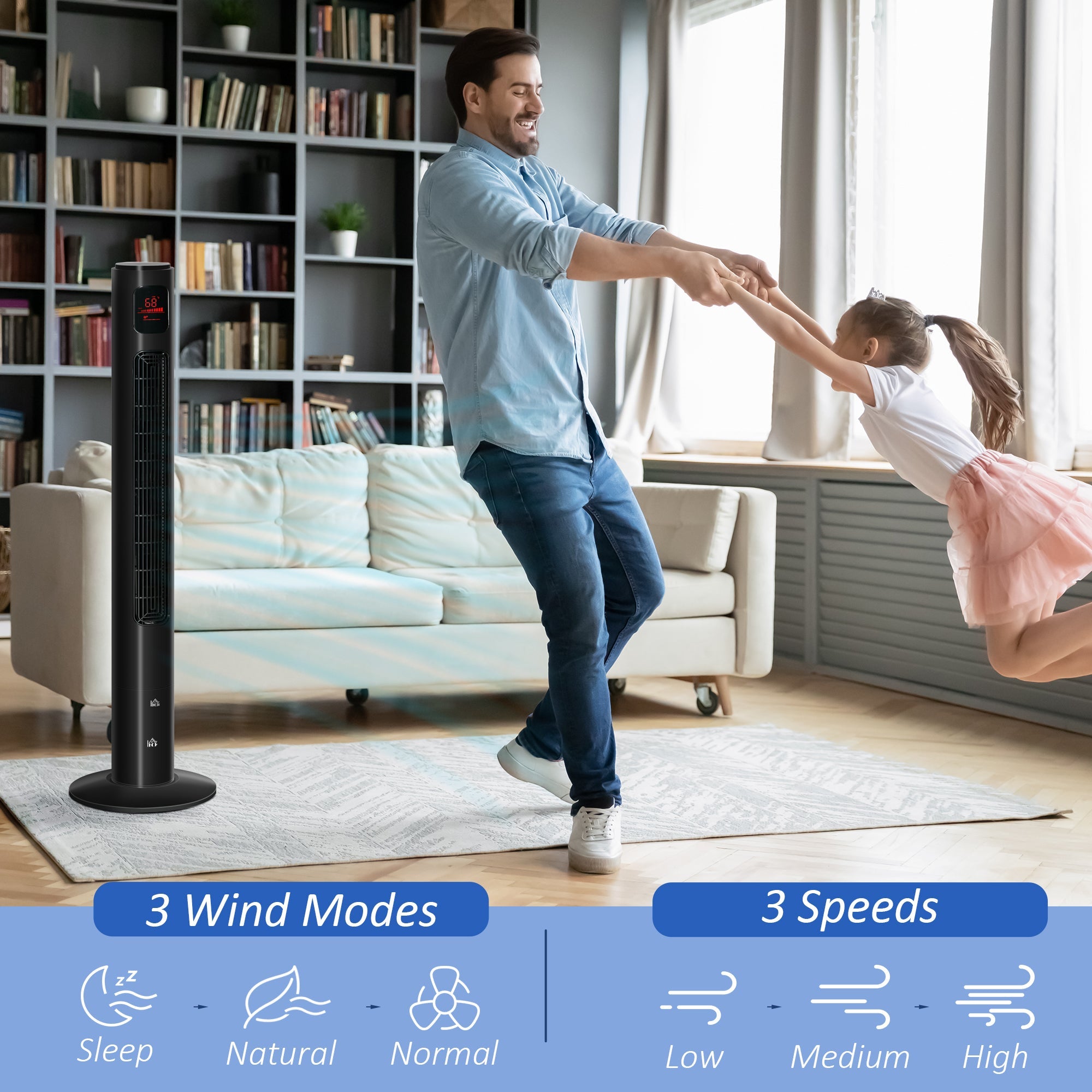 HOMCOM Oscillating Tower Fan Standup Cooling 3 Speed 12h Timer LED Remote Black for Efficient Air Circulation