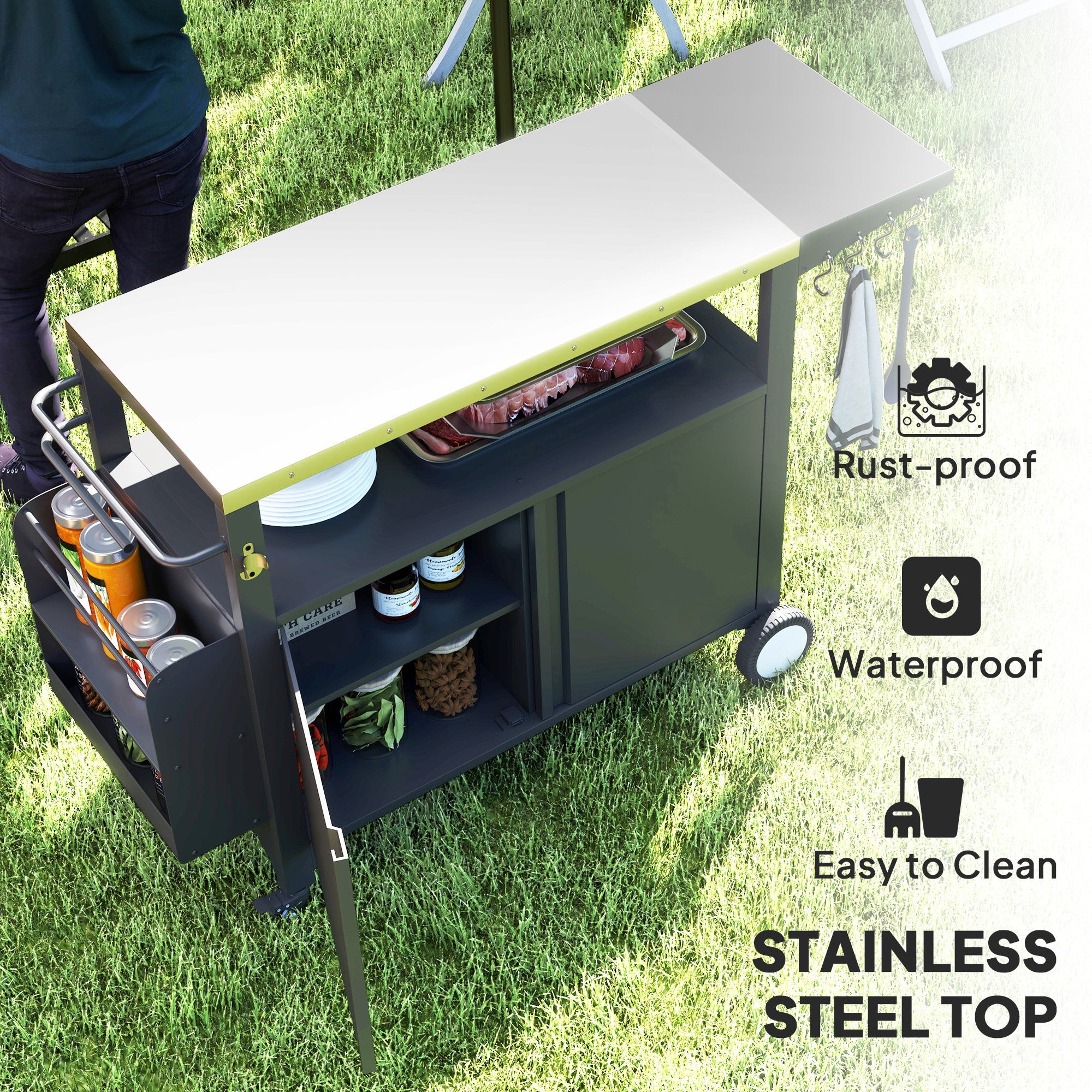 Outsunny Outdoor Grill Cart with Foldable Side Table, Stainless Steel Tabletop, Pizza Oven Stand with Storage Rack, Wheels
