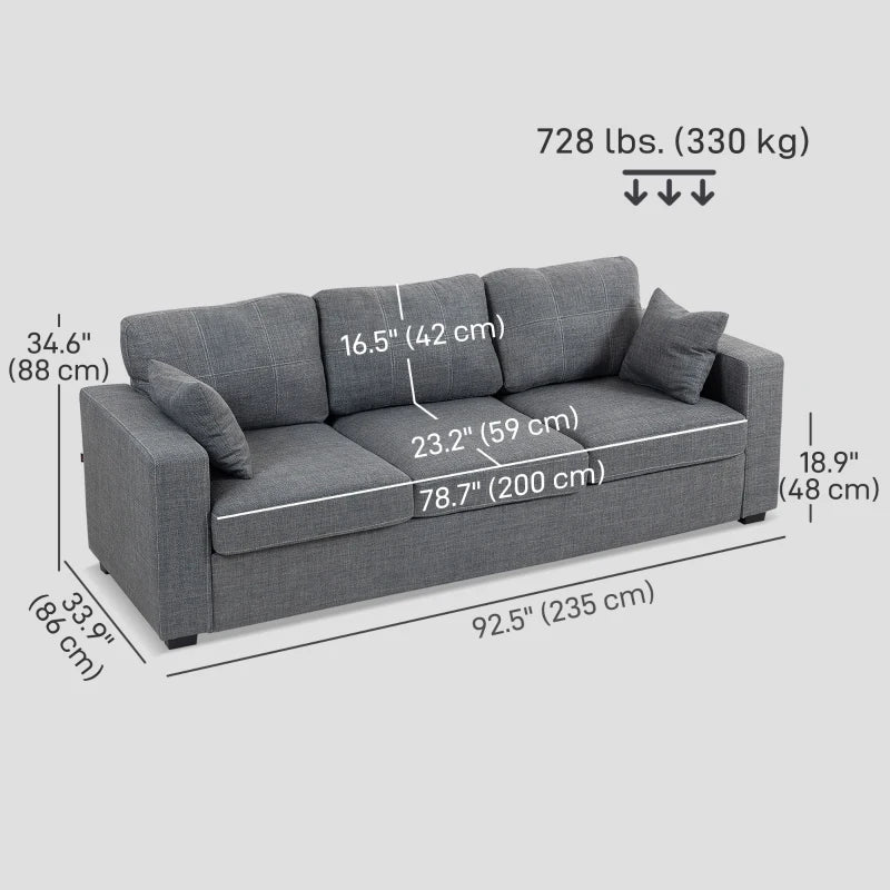 Modern Upholstered Couch, 3 Seater Sofa with Thick Spring Cushions and Deep Seat for Living Room, Dark Grey