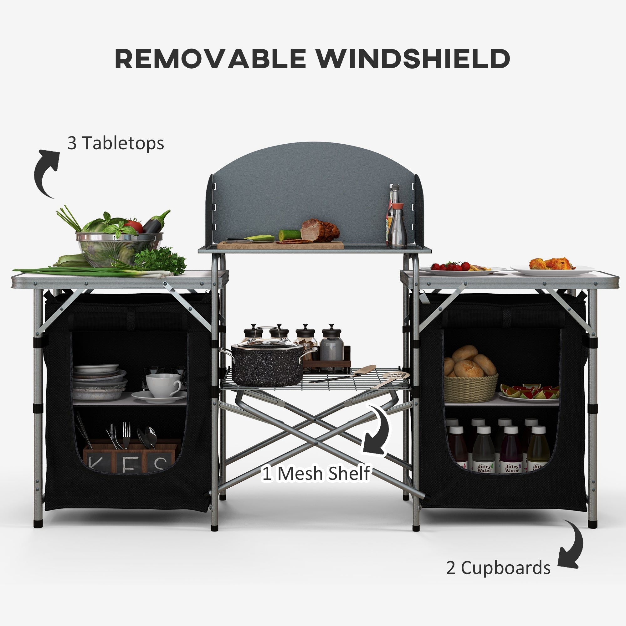 Outsunny Folding Camping Table with Windshield Aluminum Portable Kitchen Cupboards BBQ Camp Party Picnic