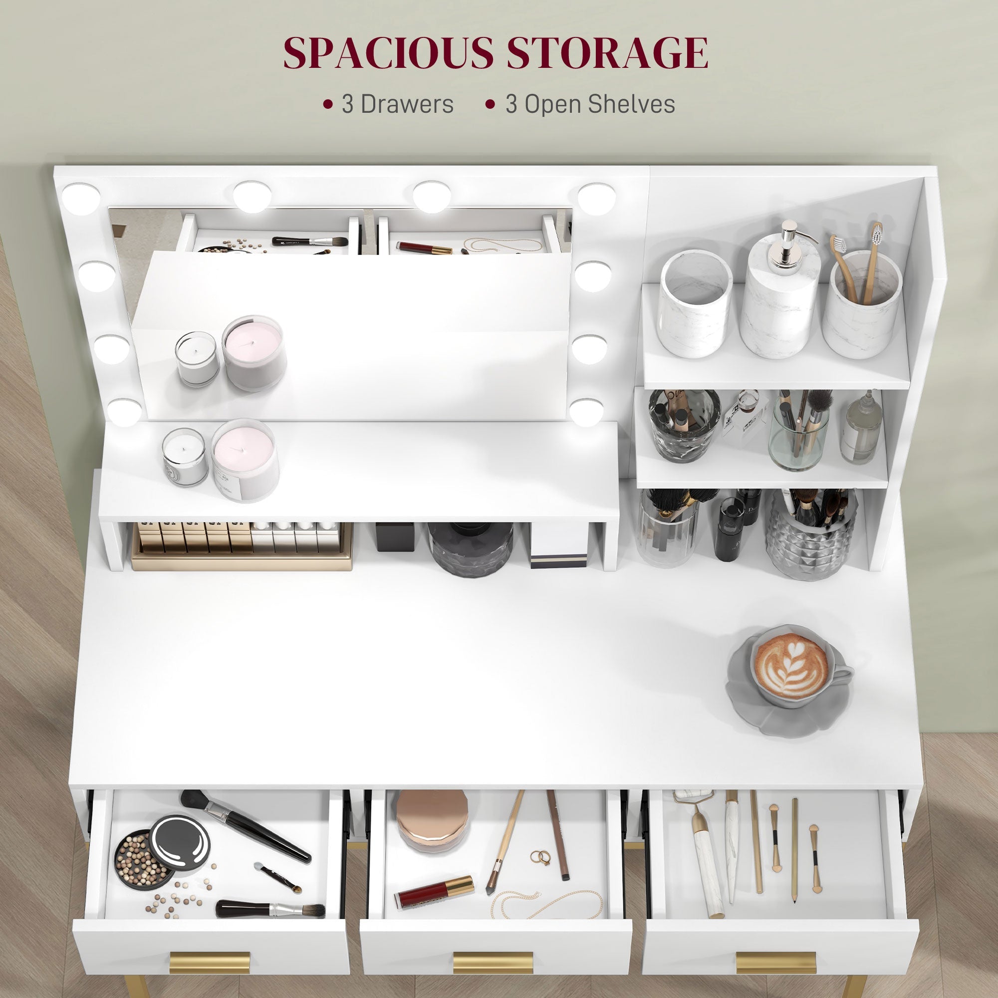 HOMCOM Illuminated Dressing Table, LED Vanity Table with Mirror, 3 Drawers and Storage Shelves for Bedroom, White