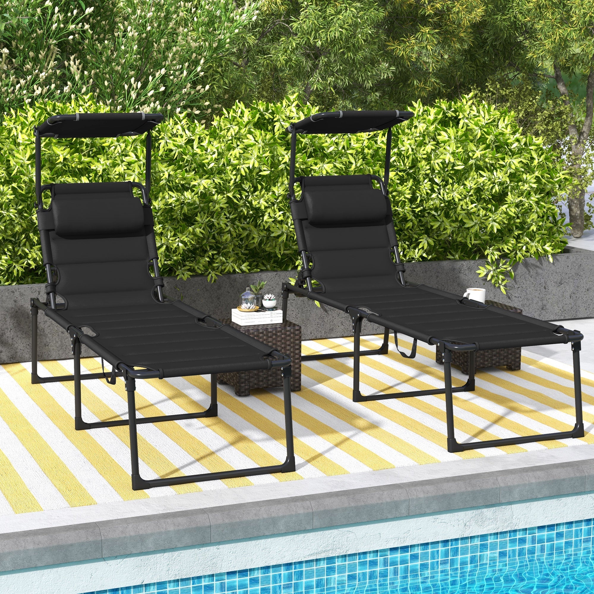 Outsunny Adjustable Folding Chaise Lounge Chair with Sunroof Quick Dry for Beach Patio Black