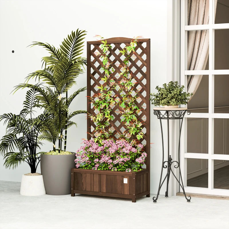 Wood Planter with Trellis, Raised Garden Bed to Grow Vegetables for Backyard, 30" x 14" x 67", Dark Brown