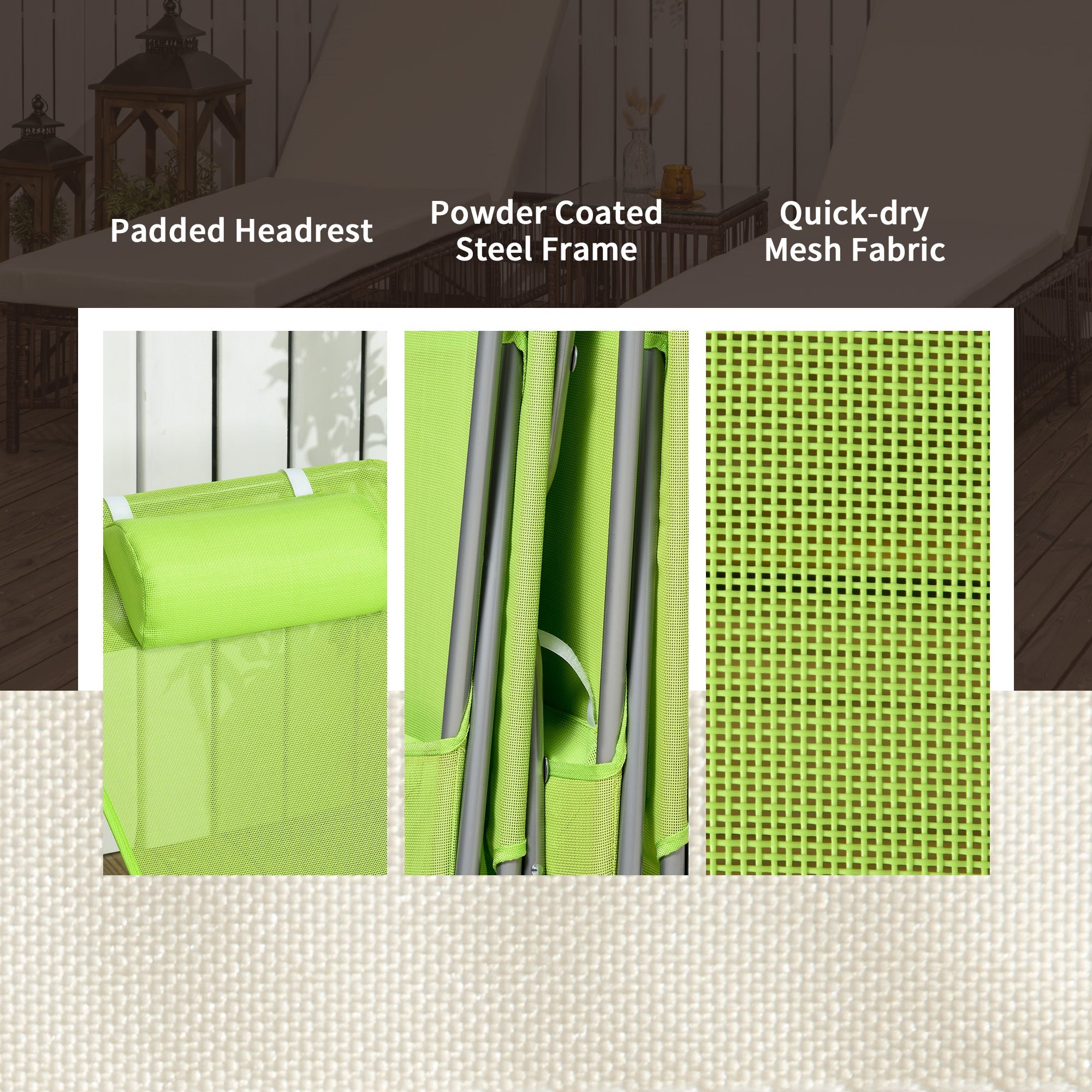 Outsunny Folding Chaise Lounge Chairs Set of 2 Outdoor Poolside Sun Tanning Green with Pillow Reclining Backrest