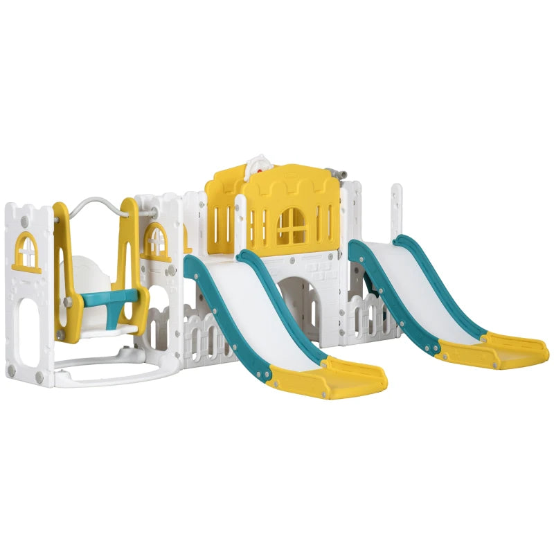 Qaba 8 in 1 Slide and Swing Set, Toddler Slide Set with Basketball Hoop, Climber, Steering Wheel, for Aged 1-3 Years, Yellow