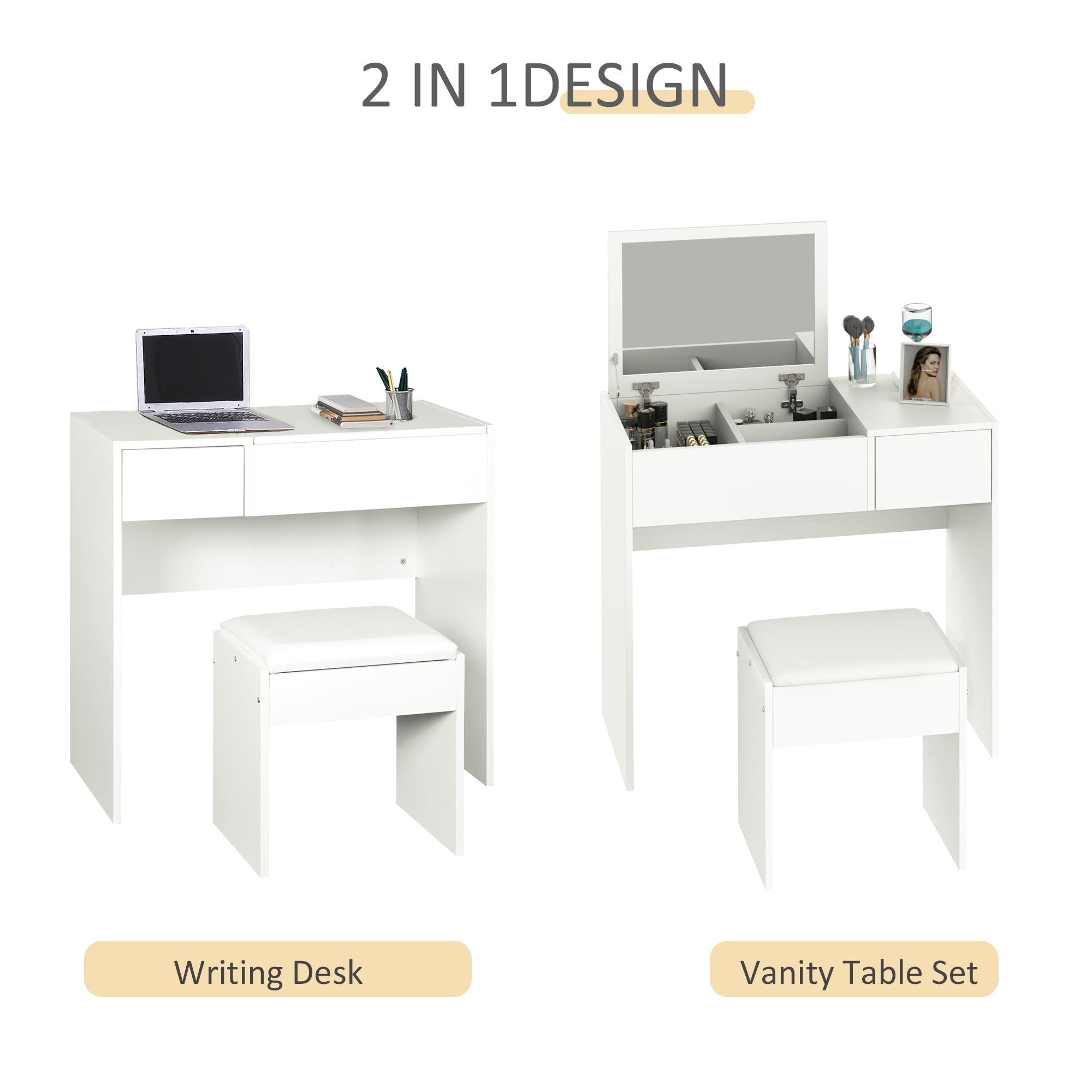 HOMCOM Dressing Table Set with Flip Top Mirror and Cushioned Stool, Makeup Vanity Table Dresser Desk with Drawer and Storage Grids