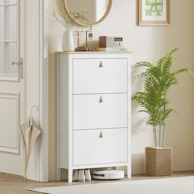 Narrow Shoe Cabinet with 3 Flip Drawers, Adjustable Shelves for Entryway, Holds 15-21 Pairs, White