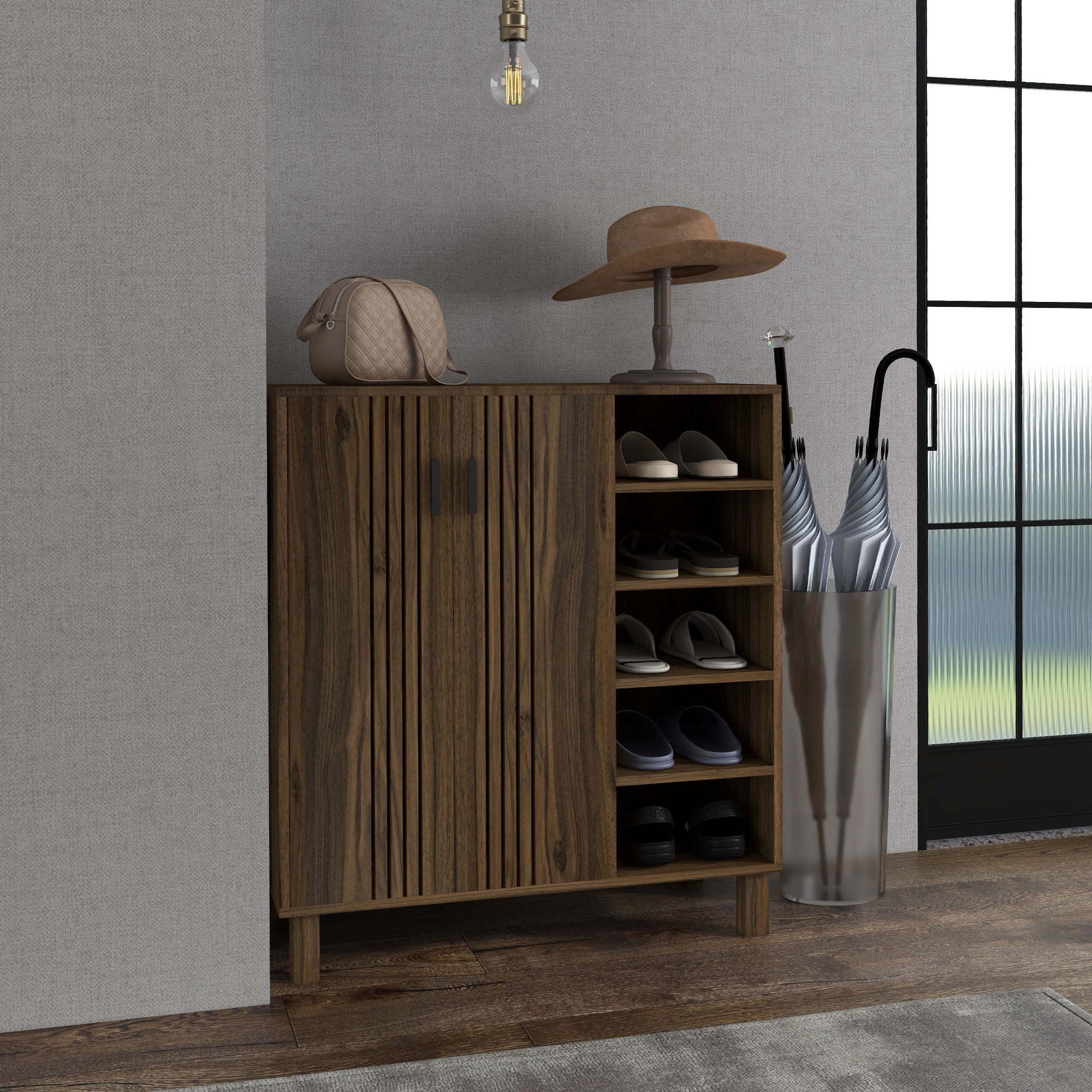HOMCOM Entryway Elegance: Shoe Organizer with Double Doors, Open Shelves for 17 Pairs, Walnut Finish