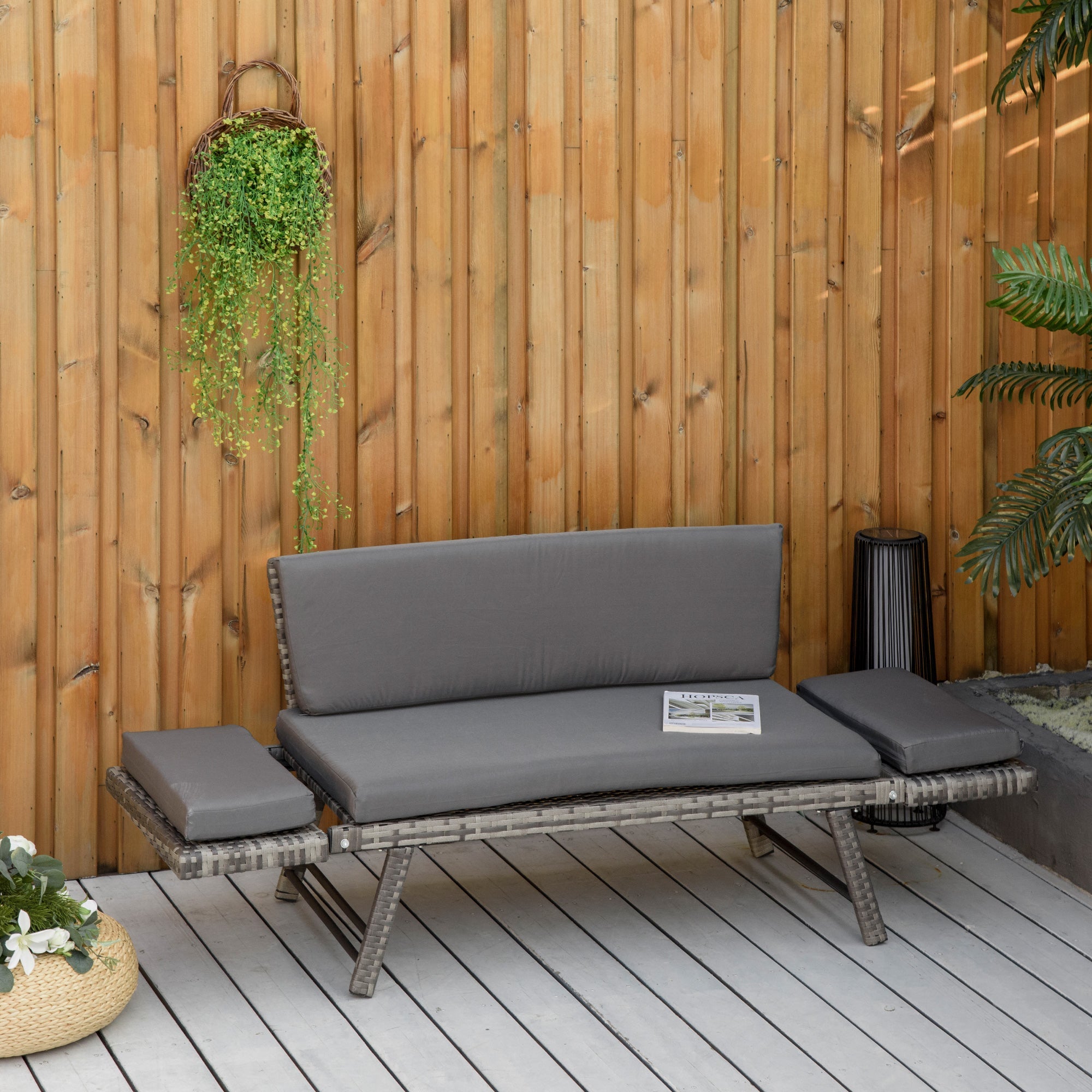 Outsunny Convertible Rattan Sofa Bed Chaise Lounge Wicker Loveseat Armchair Double Seat with Cushion All Weather Patio Furniture Grey