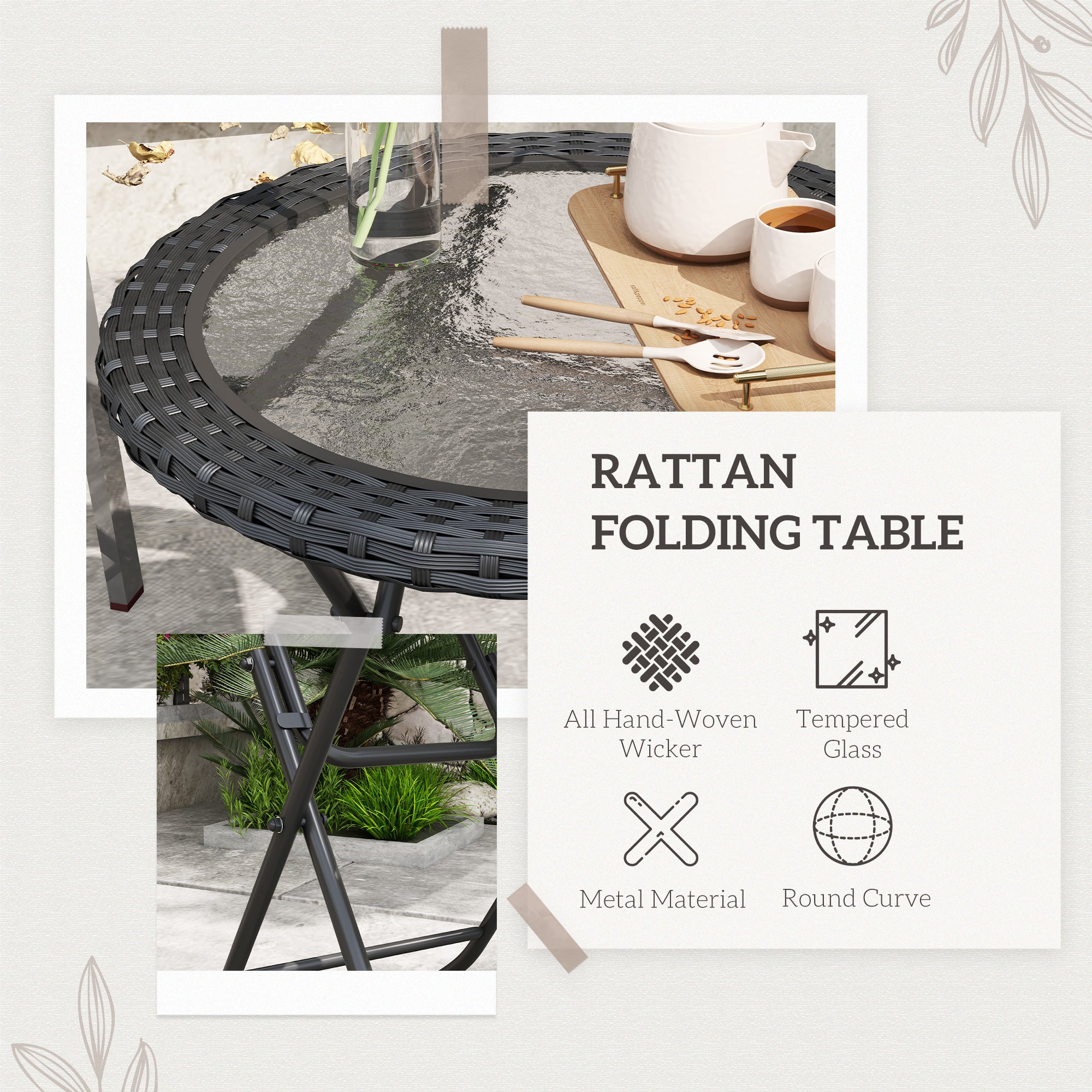 Outsunny Folding Round Table Tempered Glass Metal with Rattan Edging Black