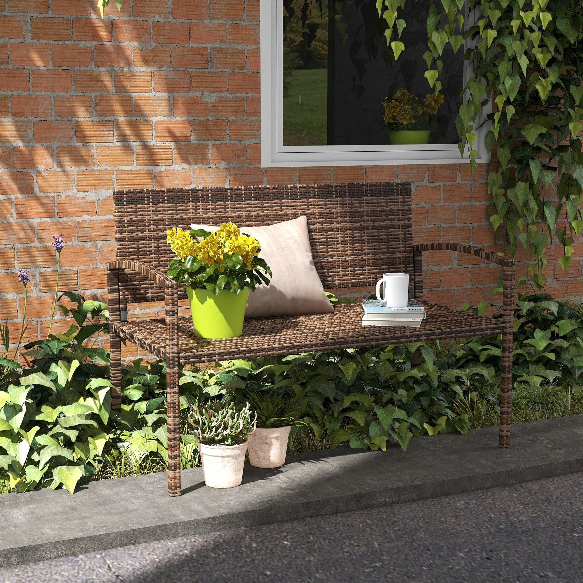 Outsunny Rattan Wicker Loveseat Garden Furniture Leisure Chair with Armrests Brown