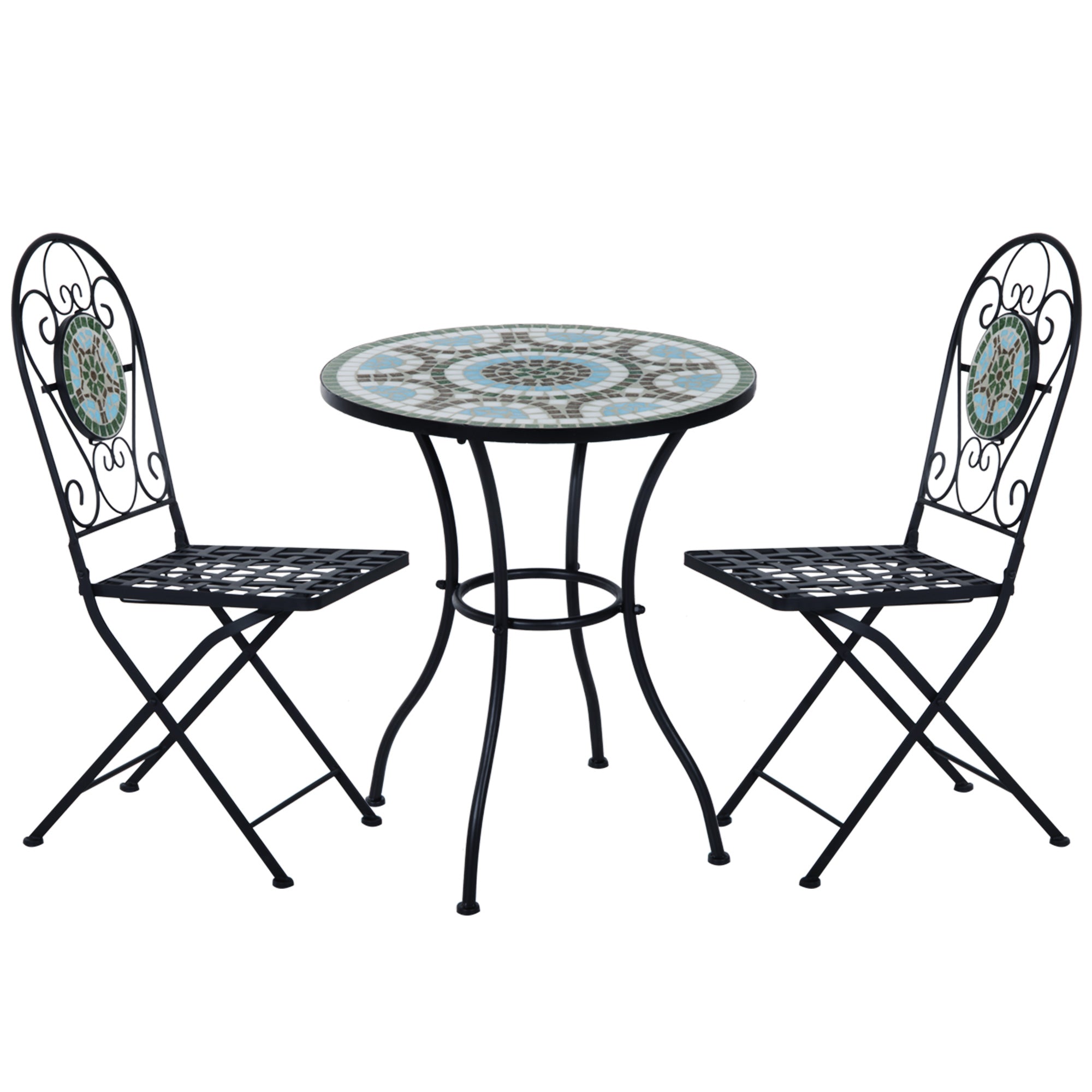 Outsunny 3 Piece Patio Bistro Set with Mosaic Design Outdoor Dining Furniture Set for 2 Folding Chairs Green