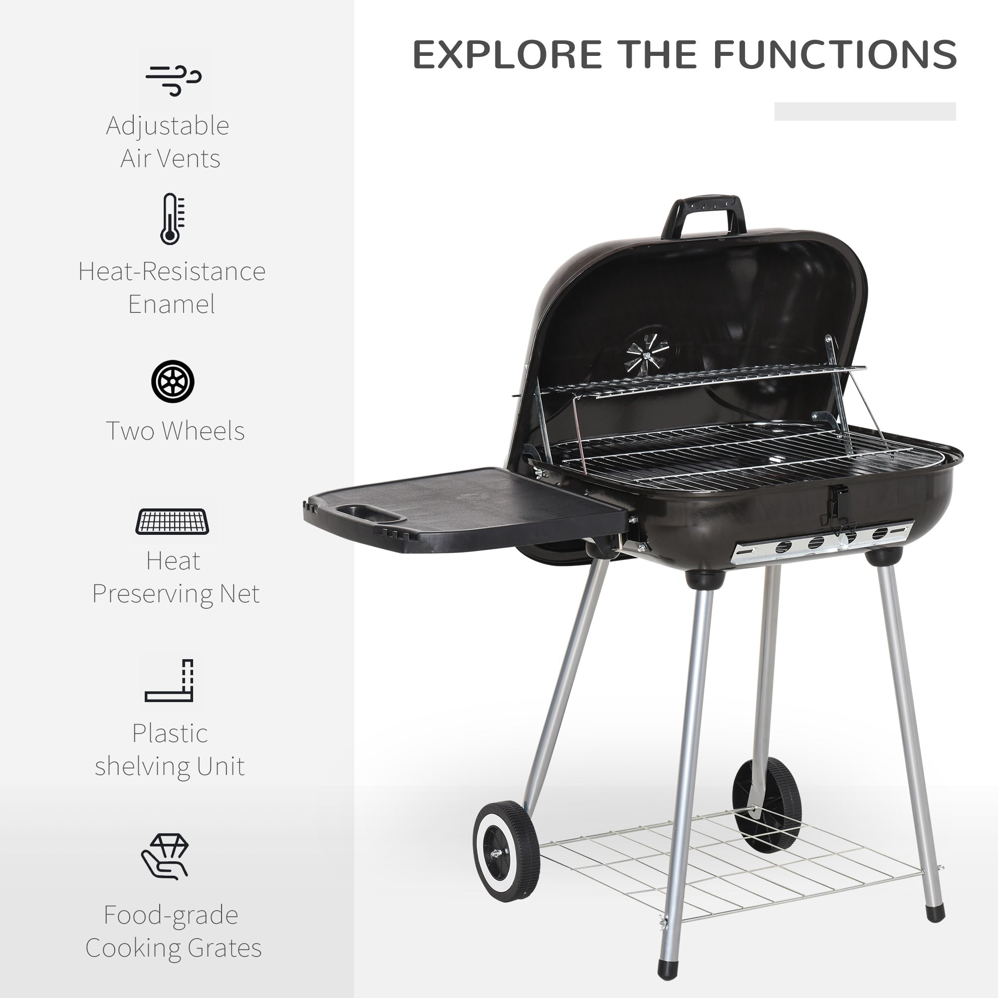 Outsunny Charcoal Grill 22" Portable Steel Outdoor BBQ Picnic Smoker Heat Control Black