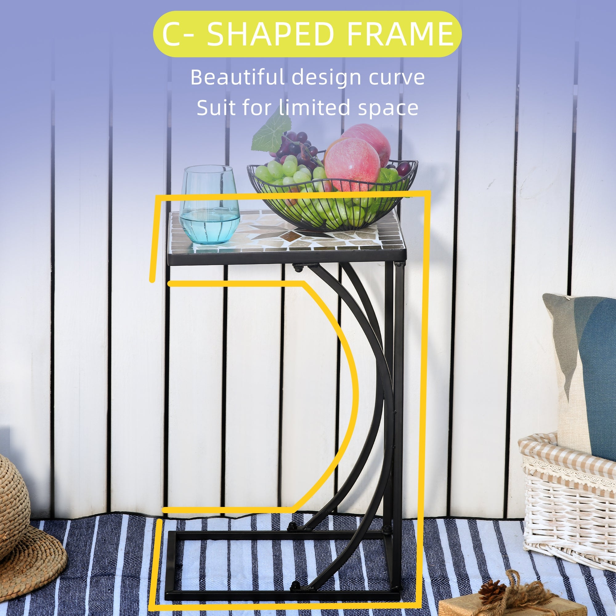 Outsunny Mosaic Side Table - Versatile C-Shape Frame Accent & Coffee Table for Indoor & Outdoor Use, Ideal for Garden & Pool