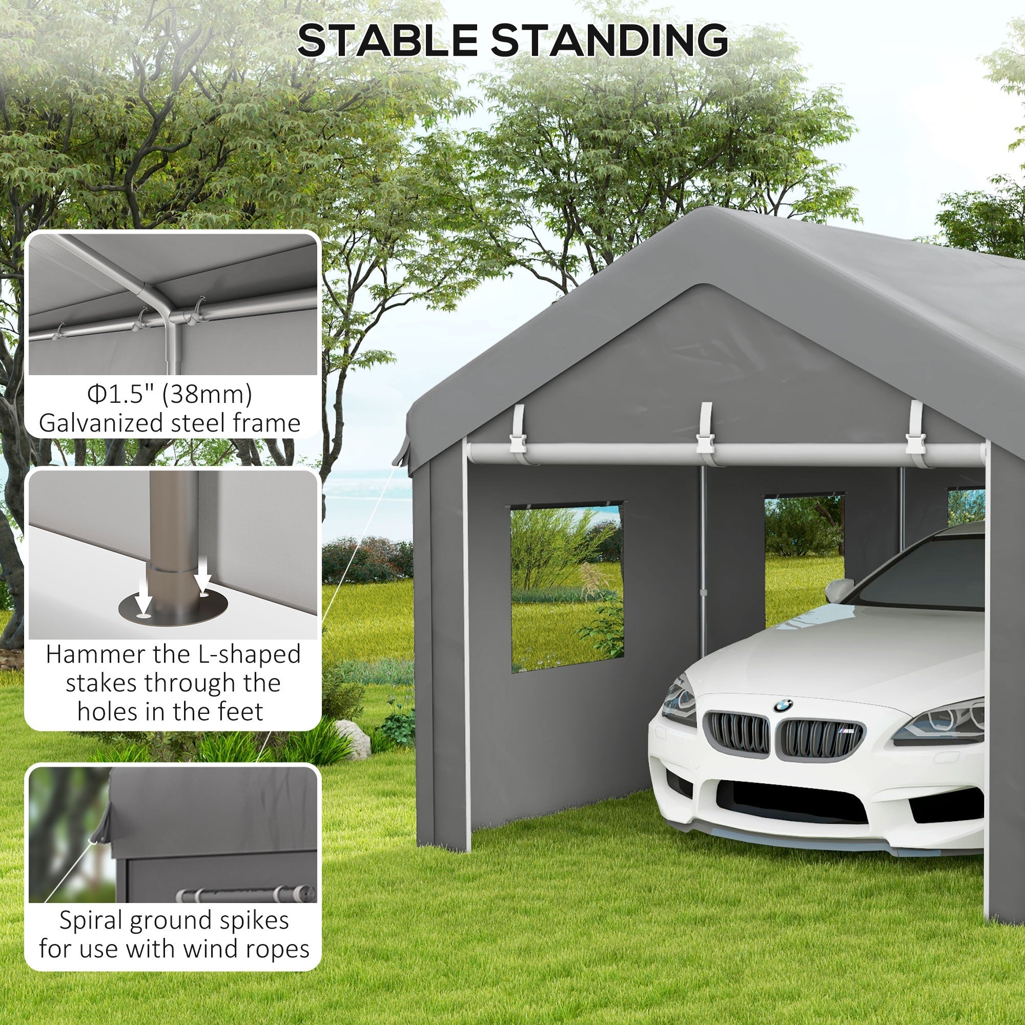 Outsunny Portable Carport 10'x20' Heavy Duty Garage Shelter with Mesh Windows Doors Grey