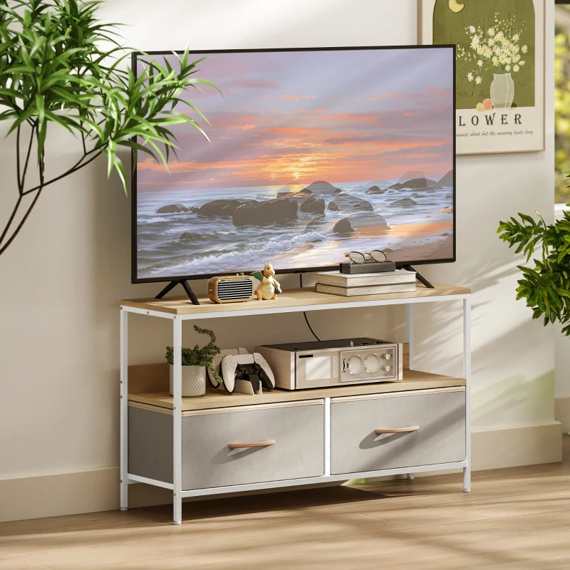 TV Stand with Charging Station, TV Table with 2 Foldable Linen Drawers and Open Shelf for 47 Inch TV, Oak