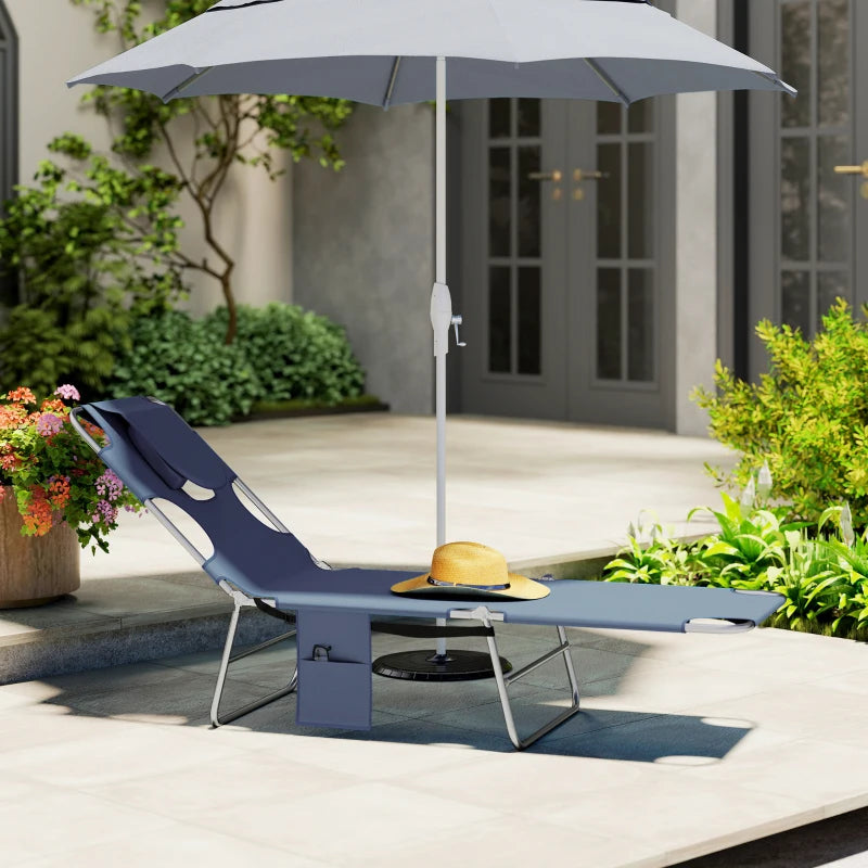Folding Outdoor Lounge Chair, 5-Level Tanning Chair with Face Hole, Side Pocket, Carry Strap for Beach Pool, Grey