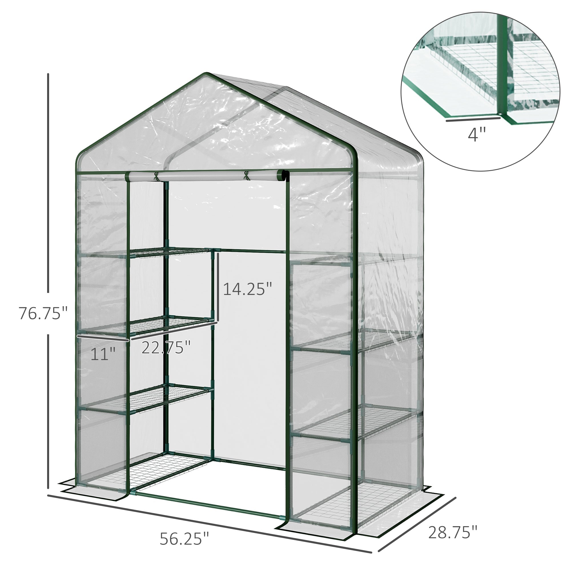 Outsunny Portable Walk-In Garden Plant Greenhouse 56" 4 Shelves Zipper Door Grow Vegetables Flowers Climate Transparent