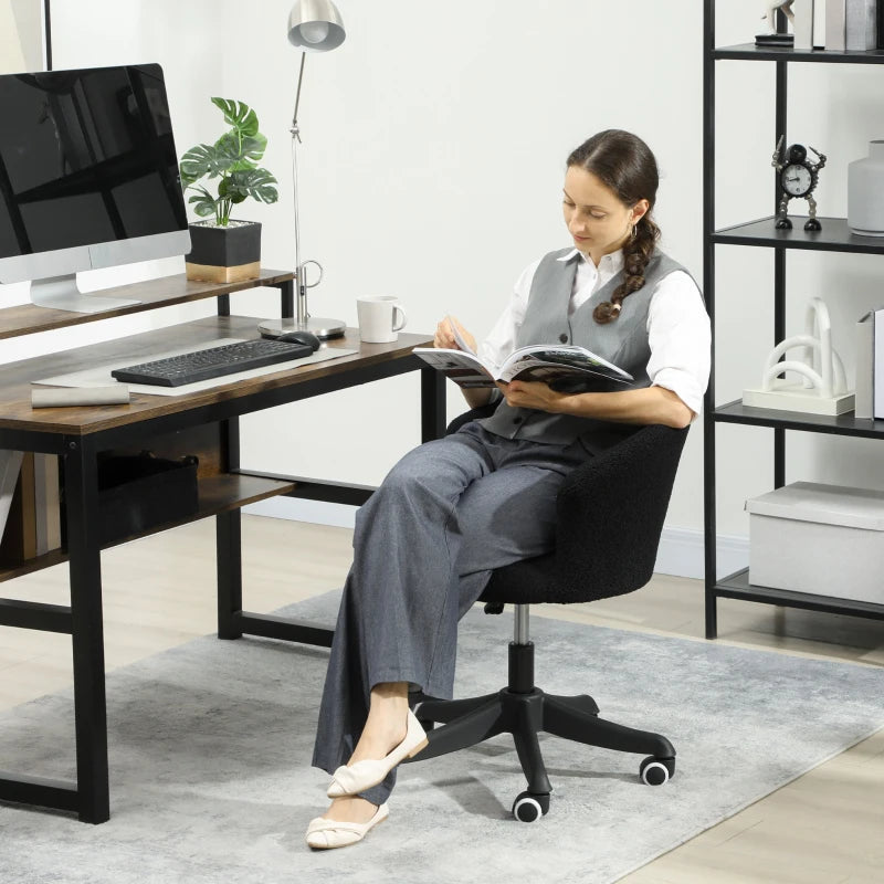Armless Office Chair, Fluffy Computer Desk Chair with Adjustable Height, Swivel Wheels, Mid Back, Black