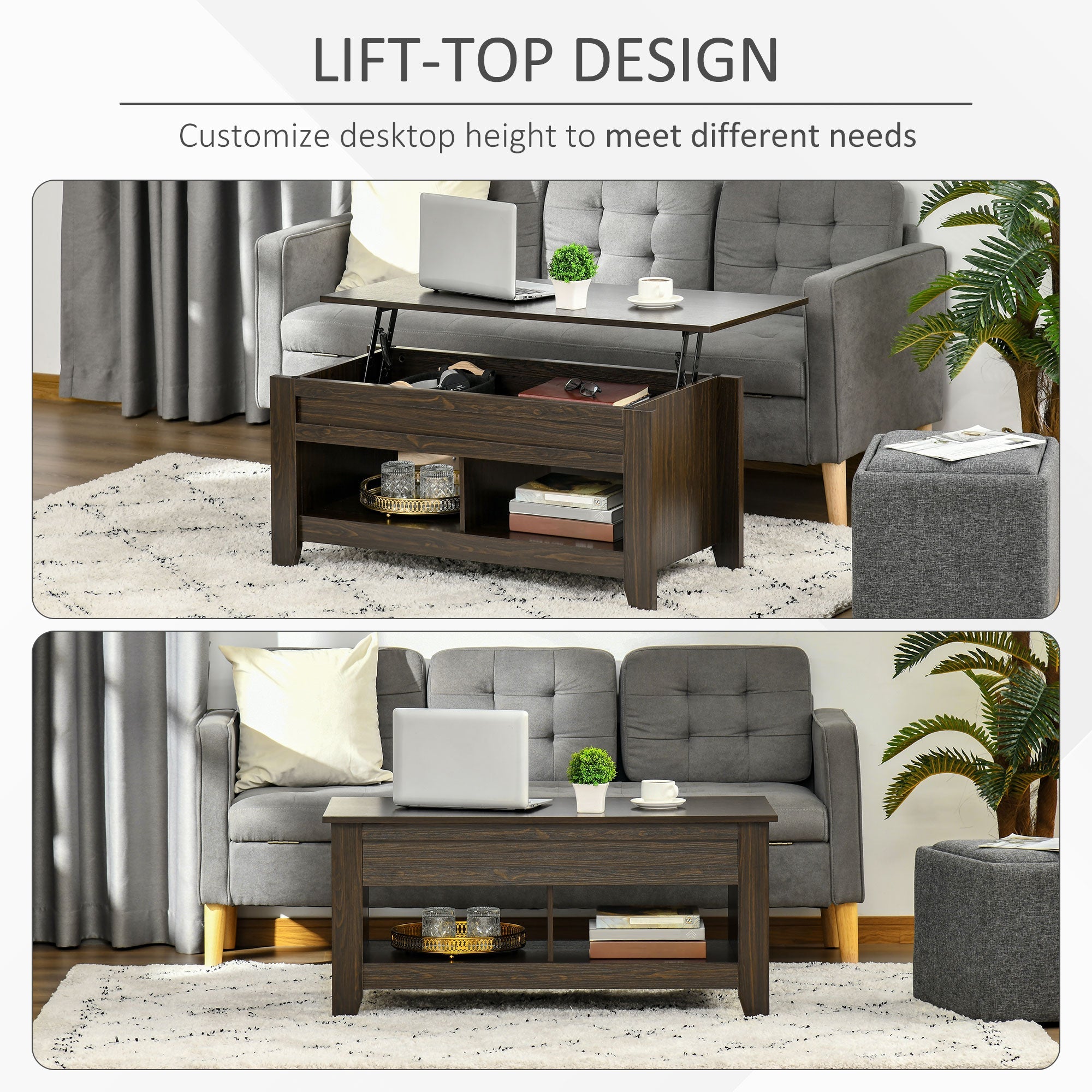 HOMCOM Dark Walnut Lift Top Coffee Table: Pop-Up Center Table with Hidden Storage, Open Shelves for Living Room