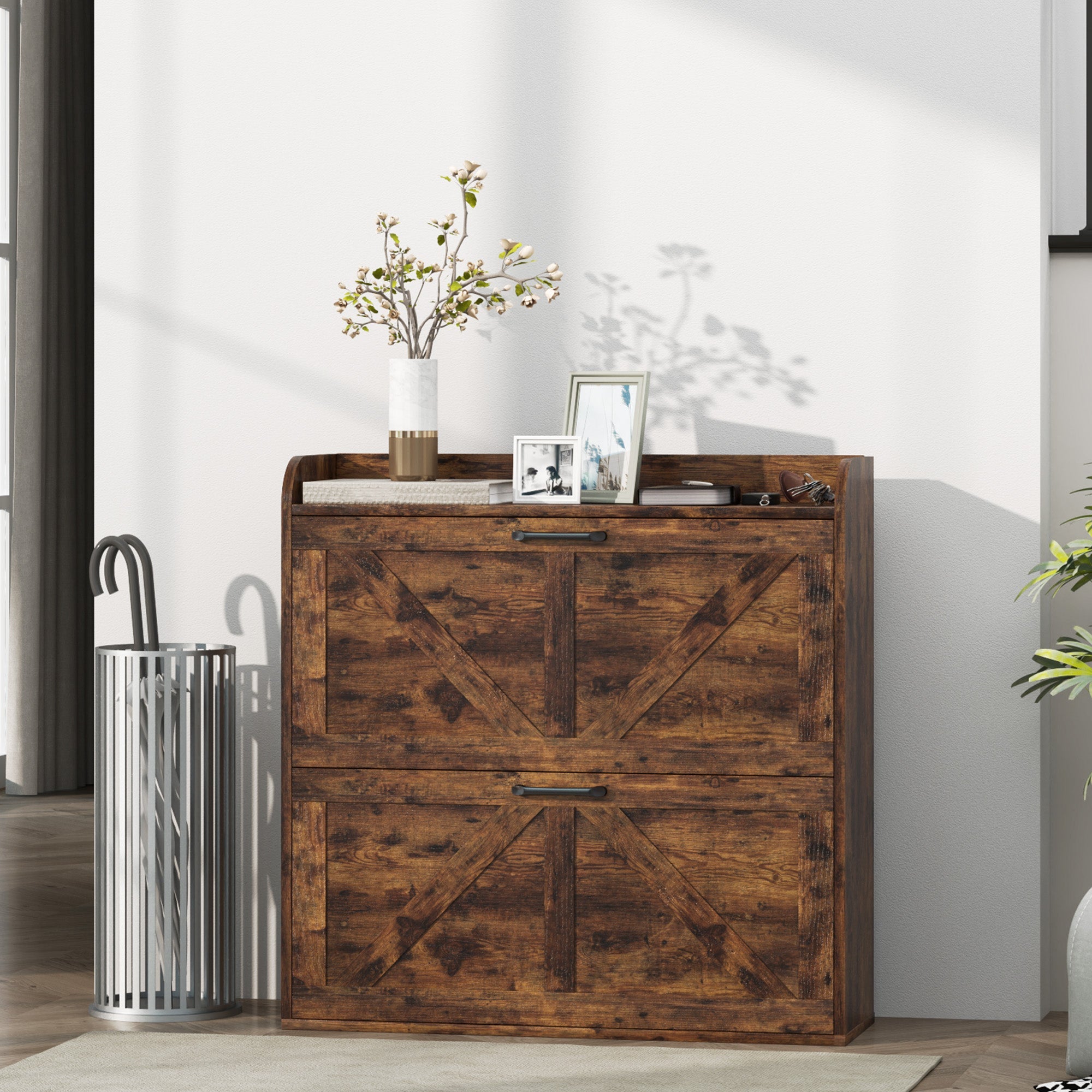 HOMCOM Narrow Shoe Storage Cabinet, Farmhouse Slim Shoe Cabinet with 2 Flip Drawers, Adjustable Shelves, Rustic Brown