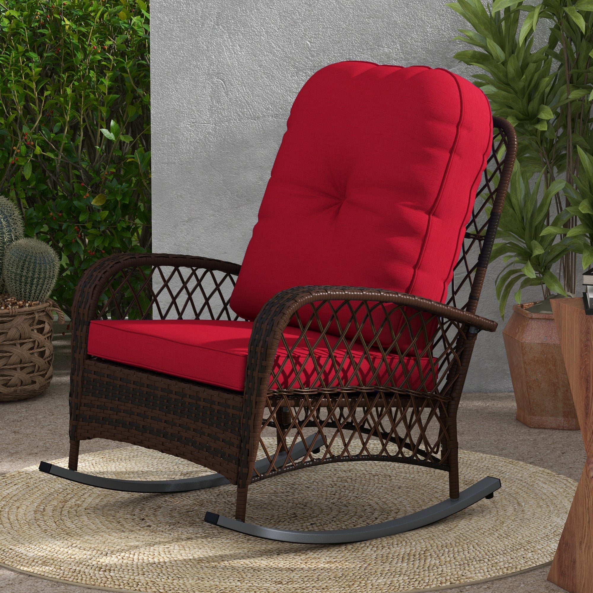 Outsunny Wicker Rattan Rocking Chair with Thick Cushions, Outdoor Patio Rocker for Garden Backyard Porch, Red