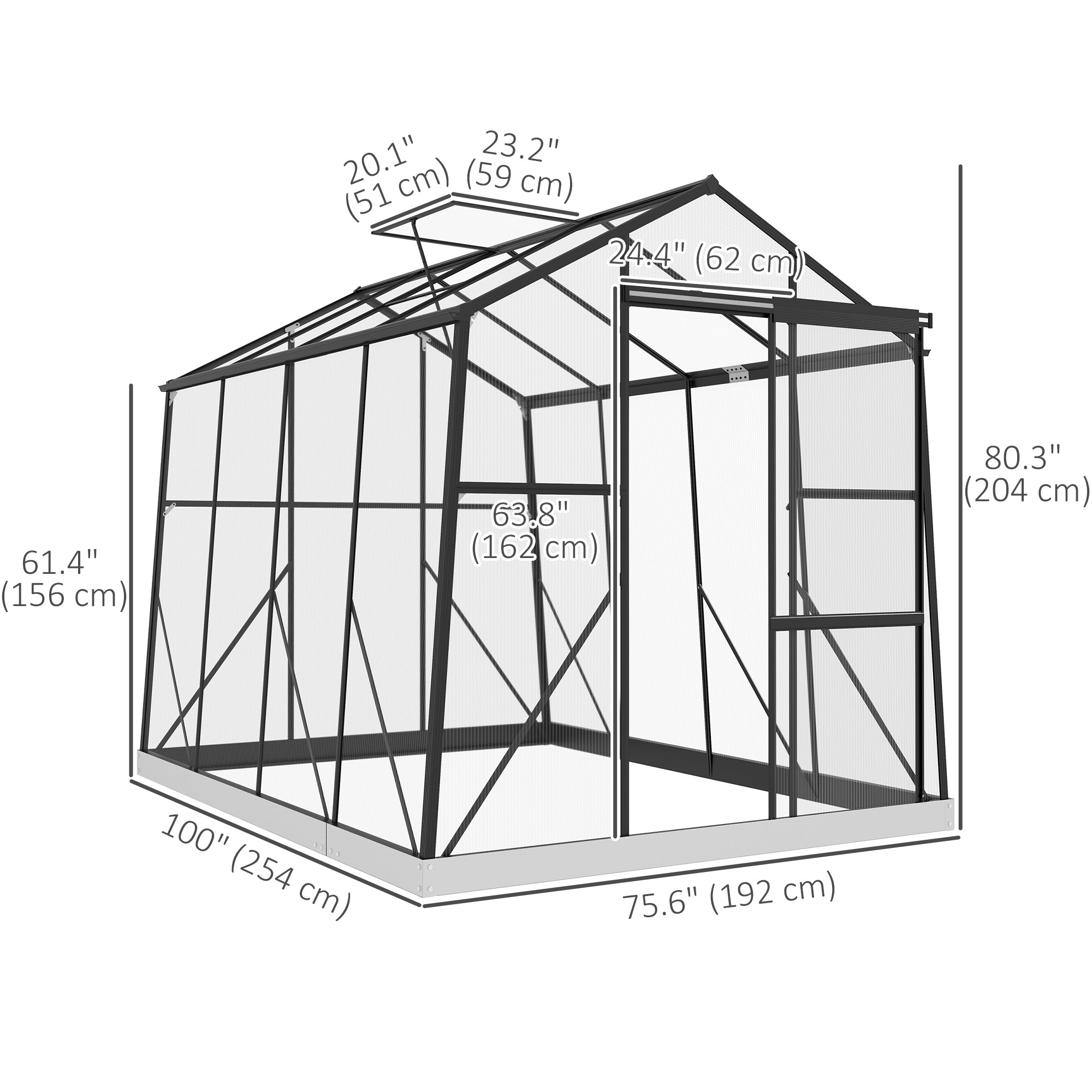 Outsunny 6'x8' Aluminium Walk-in Greenhouse with Polycarbonate Panels - Features Sliding Door, 5-Level Roof Vent, Rain Gutter