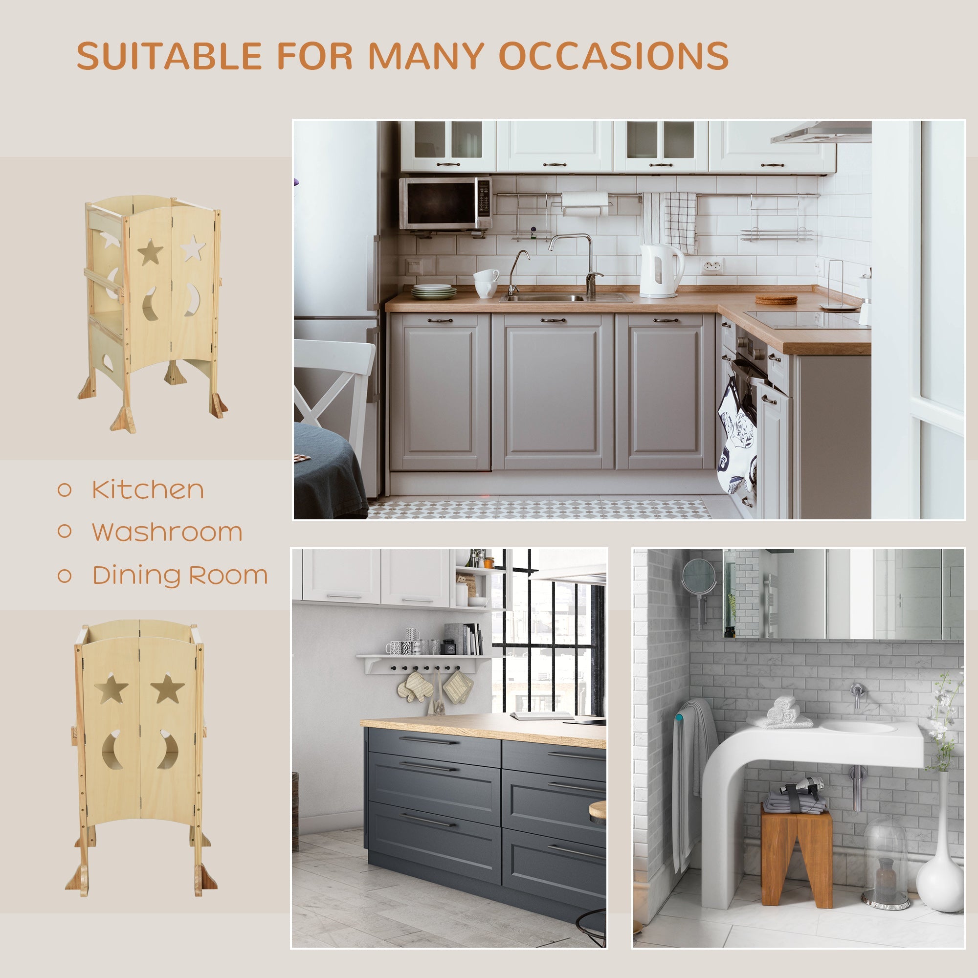 Qaba Step Stool with Support Handles Safety Rail Non-Slip Hardwood Stepping Stool for Kids Toddlers Counter Step Natural