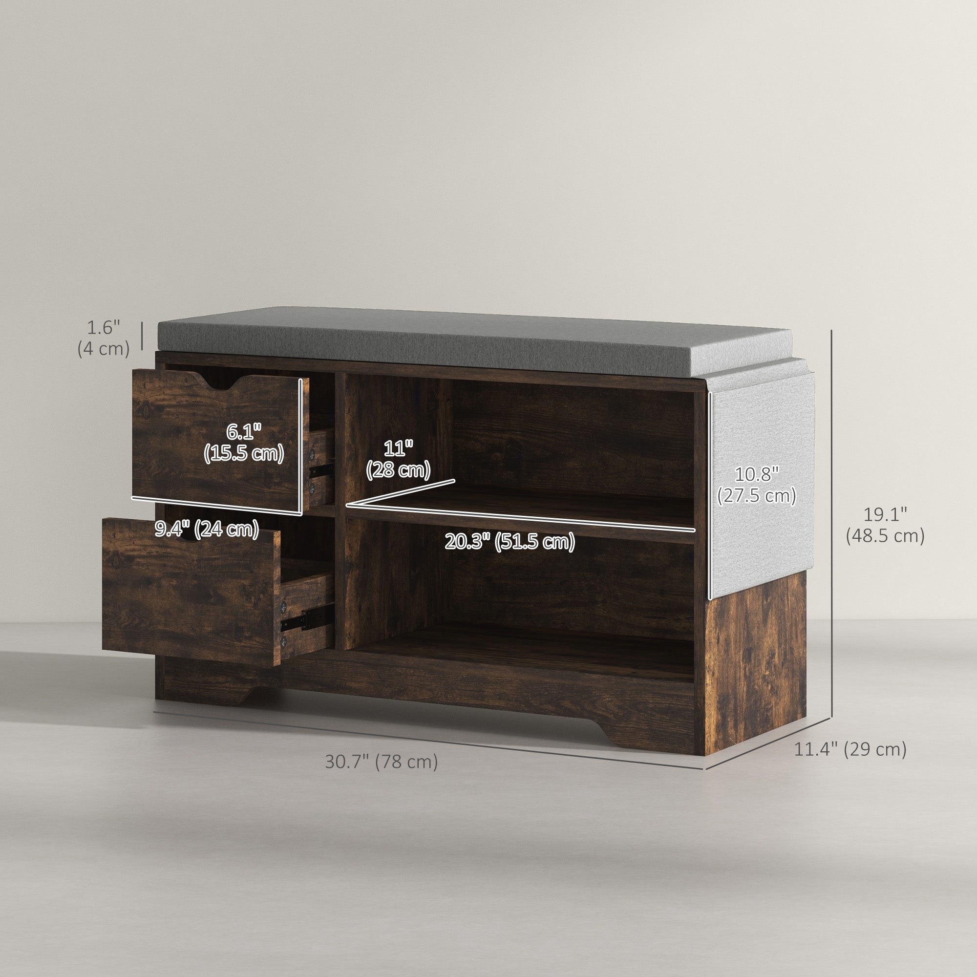 HOMCOM Upholstered Shoe Storage Bench w/ Seat, Entrance Bench w/ Drawer Open Shelves and Pocket for Hallway, Rustic Brown