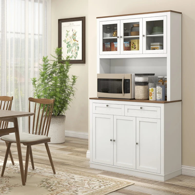 71" Pantry Cabinet with Microwave Space, Kitchen Cabinet with Hutch, 2 Drawers, Adjustable Shelves, Glass Doors, White