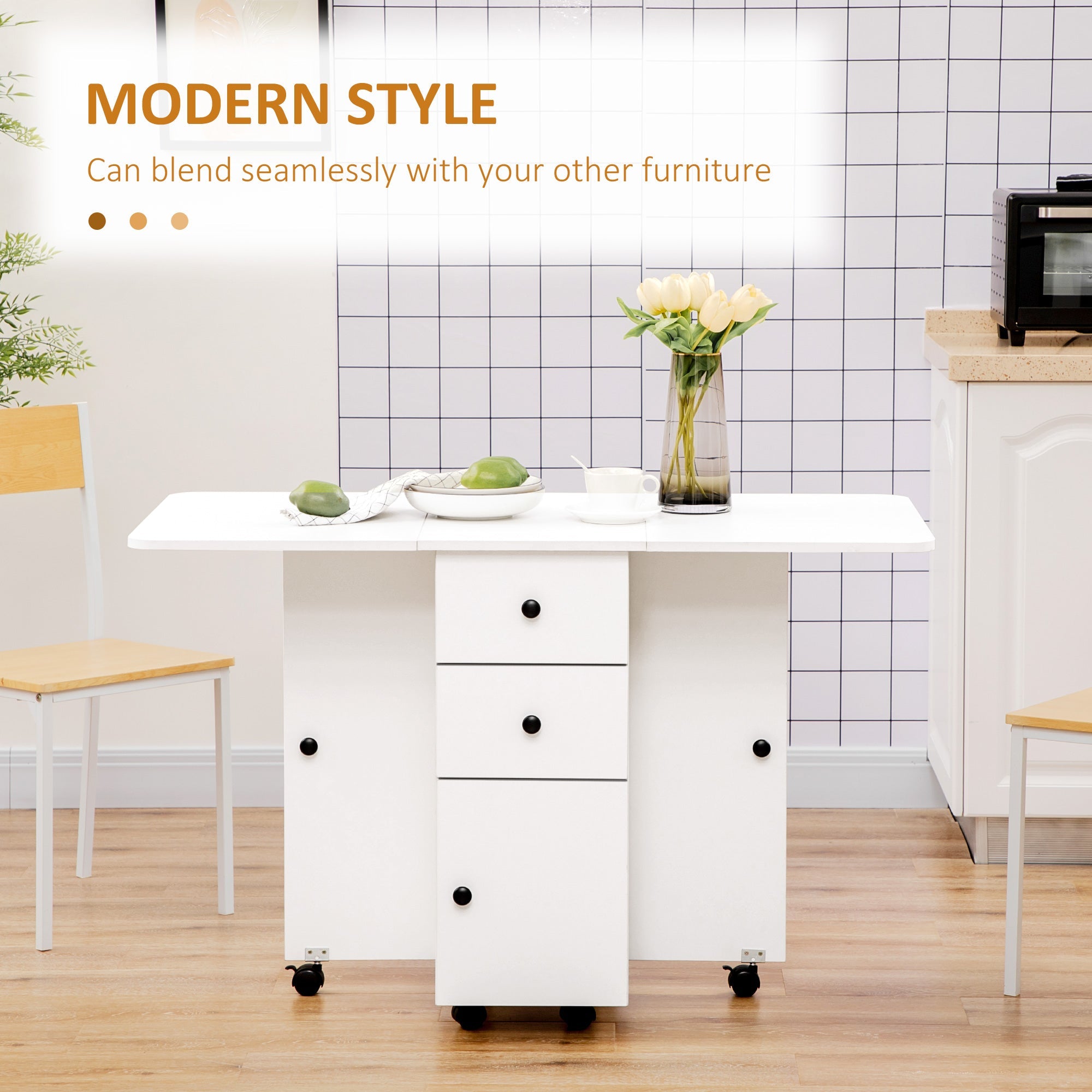 HOMCOM Rolling Kitchen Table Foldable Dining with Storage Drawers Cabinet Drop Leaf Wheels White