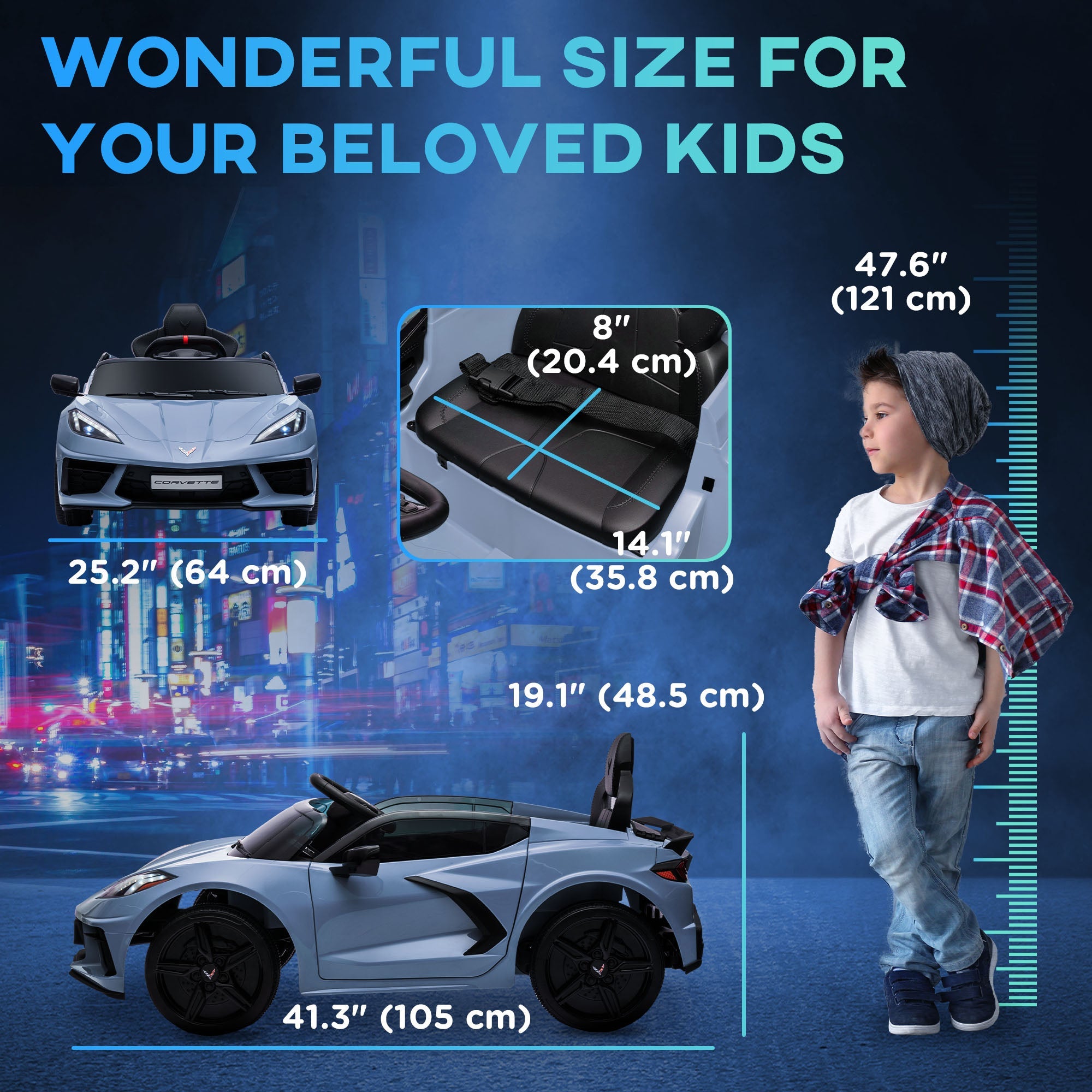 Qaba 12V Kids Electric Car Corvette Licensed Remote Control Suspension Music Headlight Slow Start Light Blue Ride On
