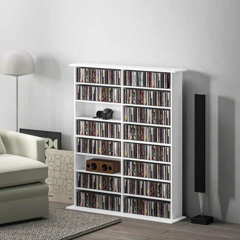 8-Tier DVD Shelf with 12 Adjustable Shelves, Double CD Shelf, Holds 720 CDs, 396 DVDs or 396 Blu-rays, White