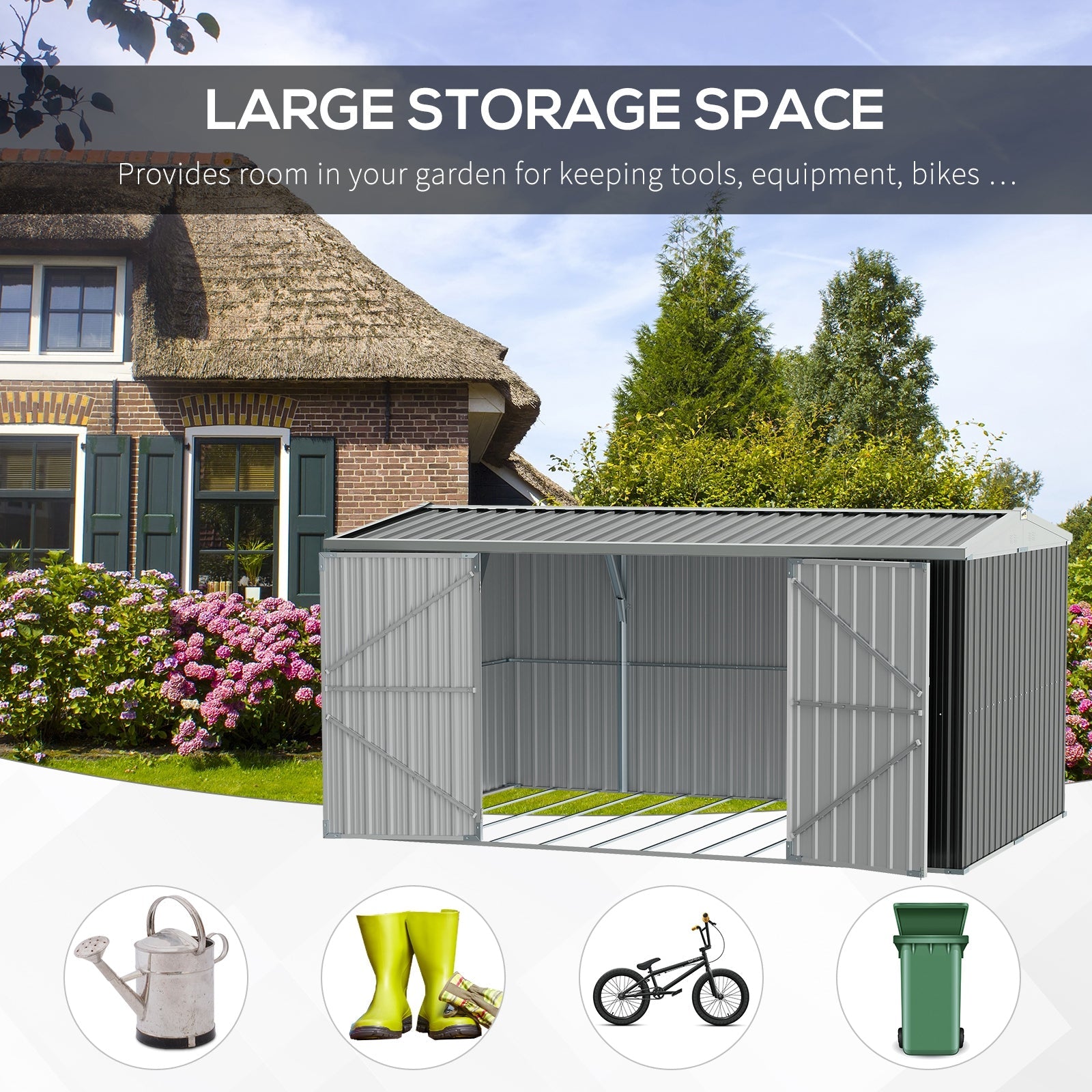 Outsunny 14' x 8' Galvanized Steel Storage Shed, Garden Shed with Lockable Doors, Air Vents for Backyard, Patio and Lawn, Grey
